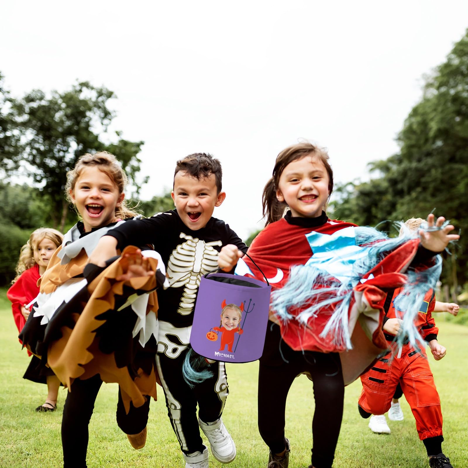 KafePross Personalized Halloween Basket, Halloween Trick or Treat Candy Bucket, Customized Halloween Baskets with Photo Name 9 x 9.8 Inch Purple, Thief