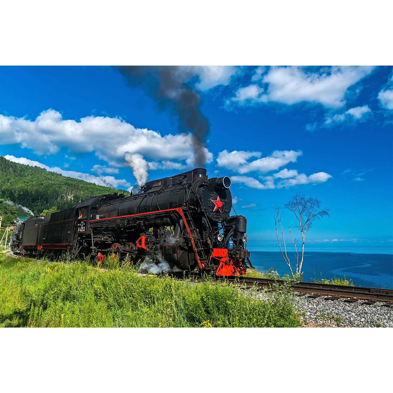 Train Travel Backdrop Locomotive Antique Train Mountain Trip Photography Background Spring Blue Sky Travel Resort Backdrop Decorations Mountain Sea