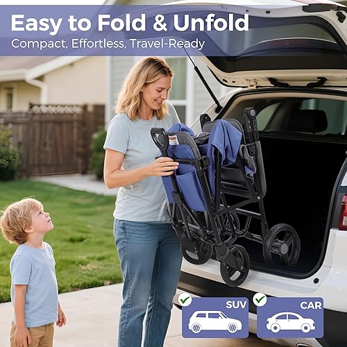 Miniatura 5 de Cochecito para 2 niños con toldo, cochecito plegable todo terreno con asa ajustable para empujarjalar, organizador para padres, arnés de 5 puntos,