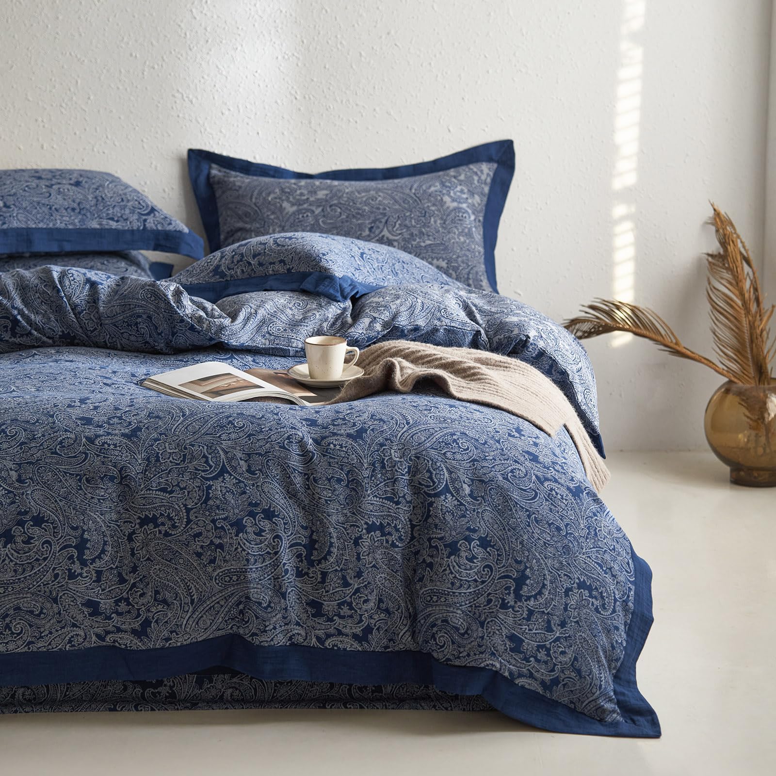 Vintage Navy Blue Duvet Cover Set King Paisley Print Duvet Cover Yarn-Dyed Cotton Jacquard Bedding Comforter Cover Boho Flower Paisley Bedding Set Farmhouse Style Breathable Duvet Cover for Men Women — image 1
