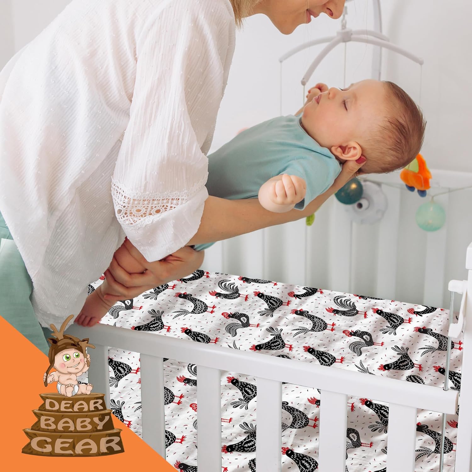 Dear Baby Gear Deluxe Crib Sheet - Farm Design Soft Cotton Polyester Baby Bedding - Infant Bed Sheets - Toddler Mattress Protector (Chickens & Roosters Black White & Red Print, 52x28x10)