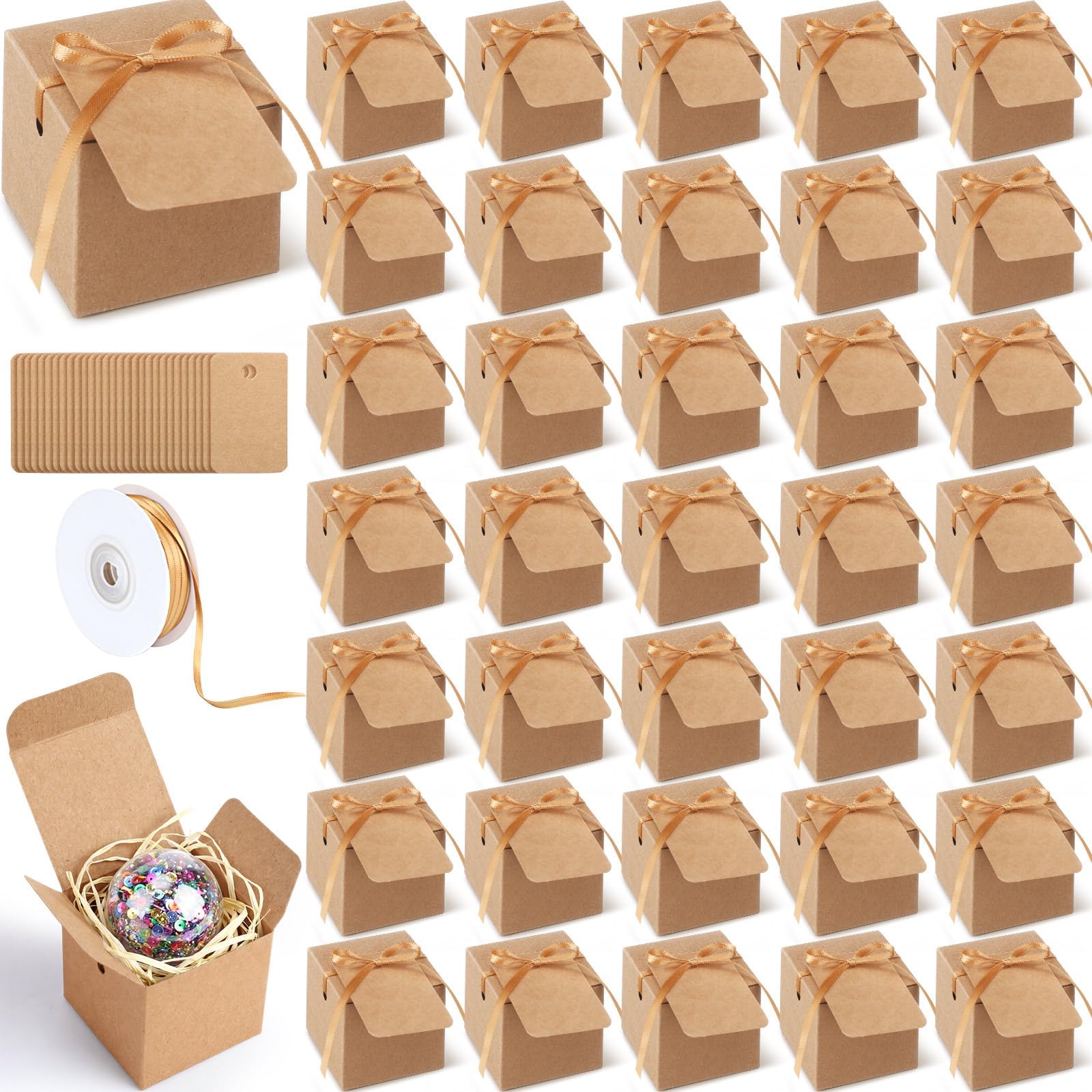 YooNotee 50 Pack Small Gift Boxes 2 x 2 x 2 Inches Brown Kraft Square Gift Boxes with Lids Ribbons Tags Party Favor Container for Candy Cupcake Christmas Wedding Baby Shower Bridesmaids Birthday