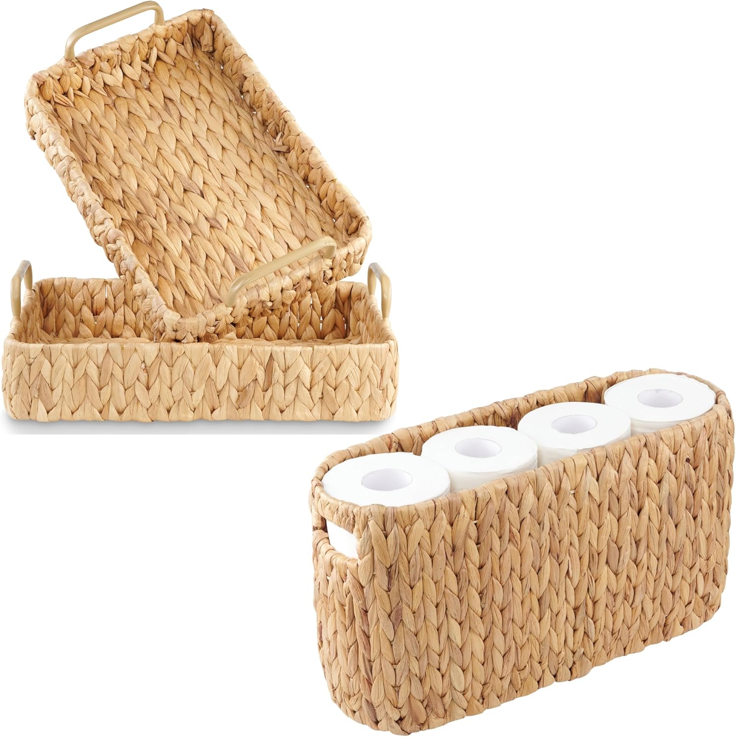 Toilet Paper Storage Basket and Set of 2 Rectangular Wicker Trays, Natural Water Hyacinth