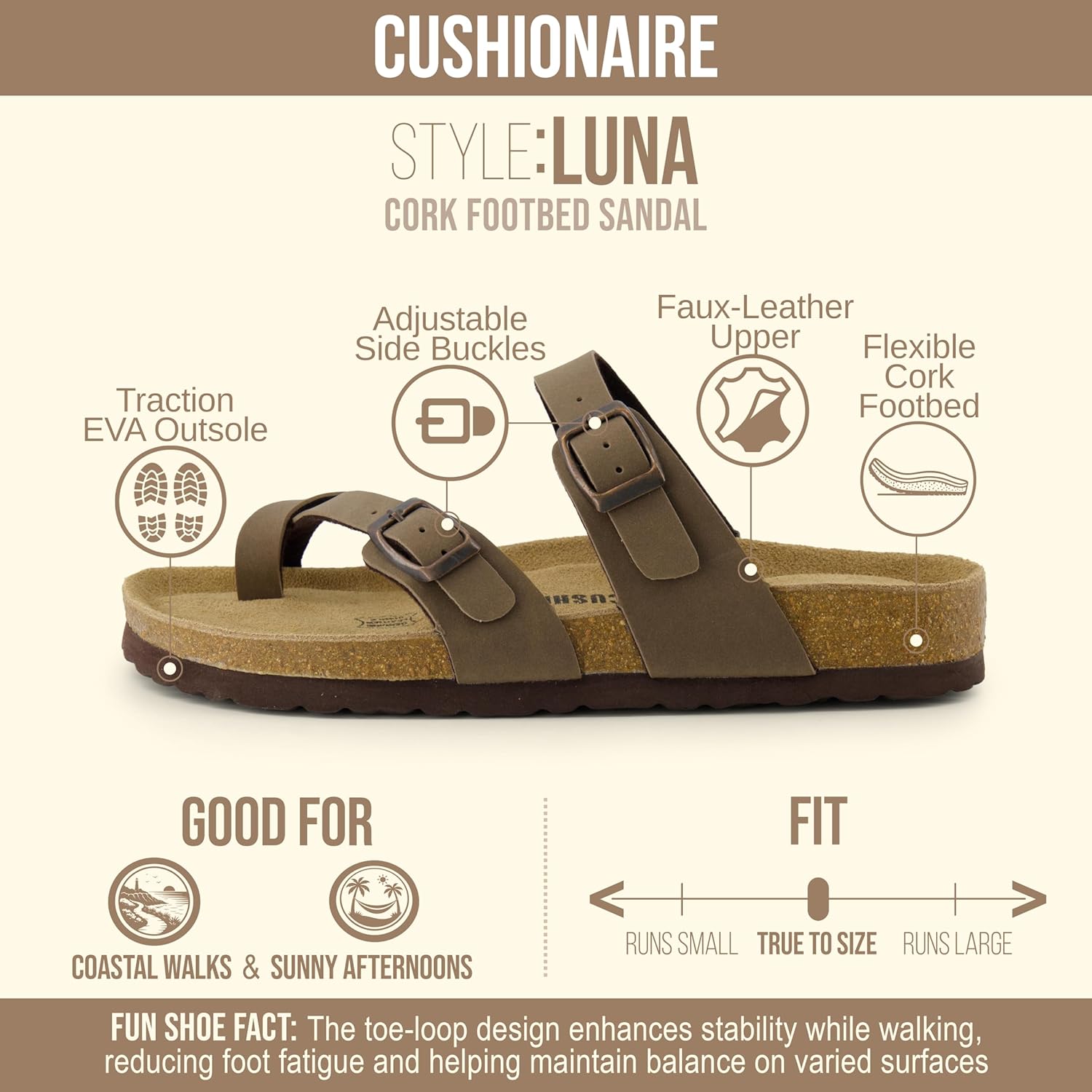 CUSHIONAIRE Luna Sandals for Women, Cork Footbed Womens Sandals for Summer Comfort with Adjustable Straps, Wide Width Available - Image 4