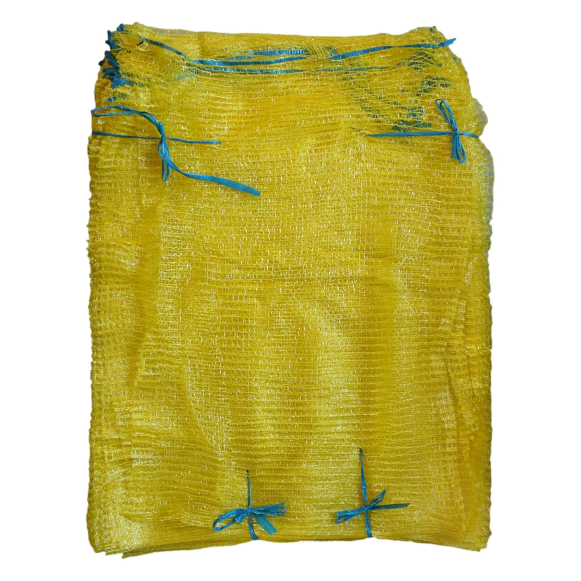 SKIR'CO (100 pcs) Yellow Colour 42 x 60 cm Net Sacks, Raschel Bags with Drawstring, Plastic Mesh Bags for Vegetables, Fruits