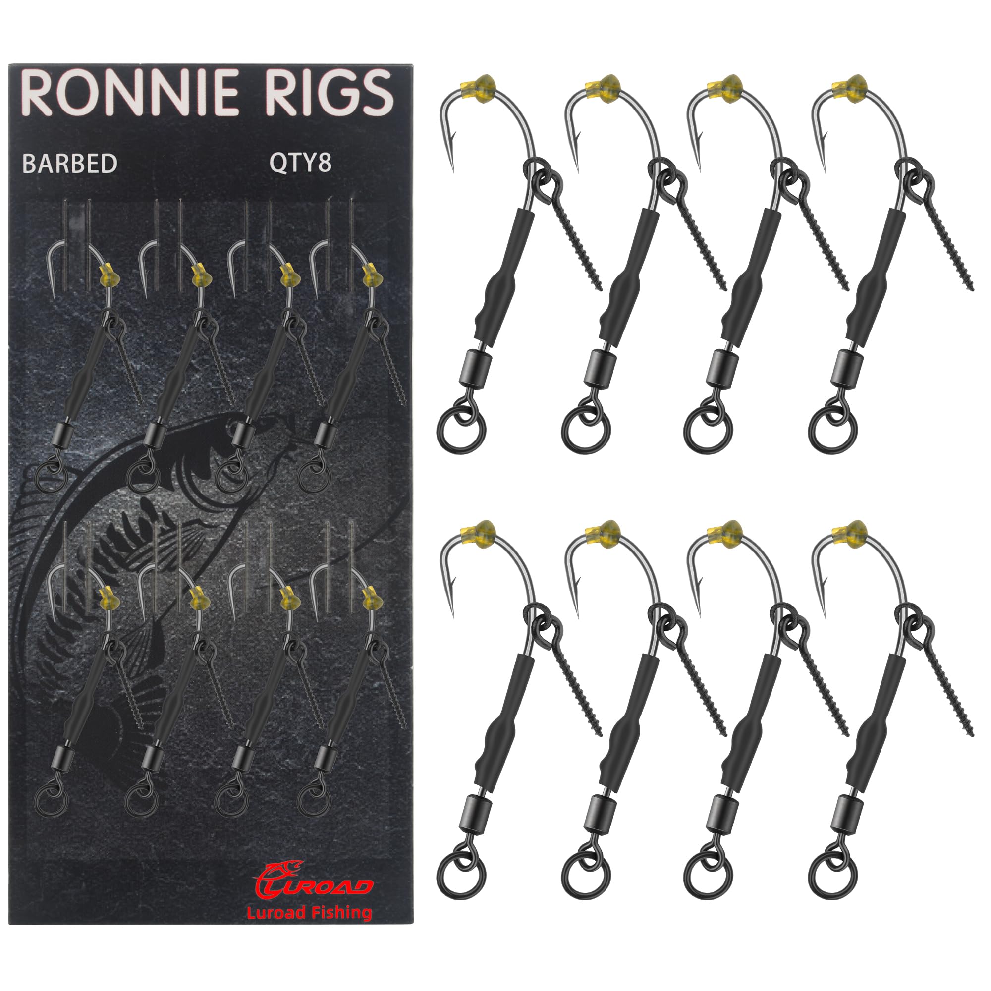 Luroad 8 Pcs Ronnie Rigs with Boilie Screws, Curved Barbless Barbed Carp Fishing Ronnie Rig Hooks with Teflon Coated, Hair Rigs for Carp Fishing