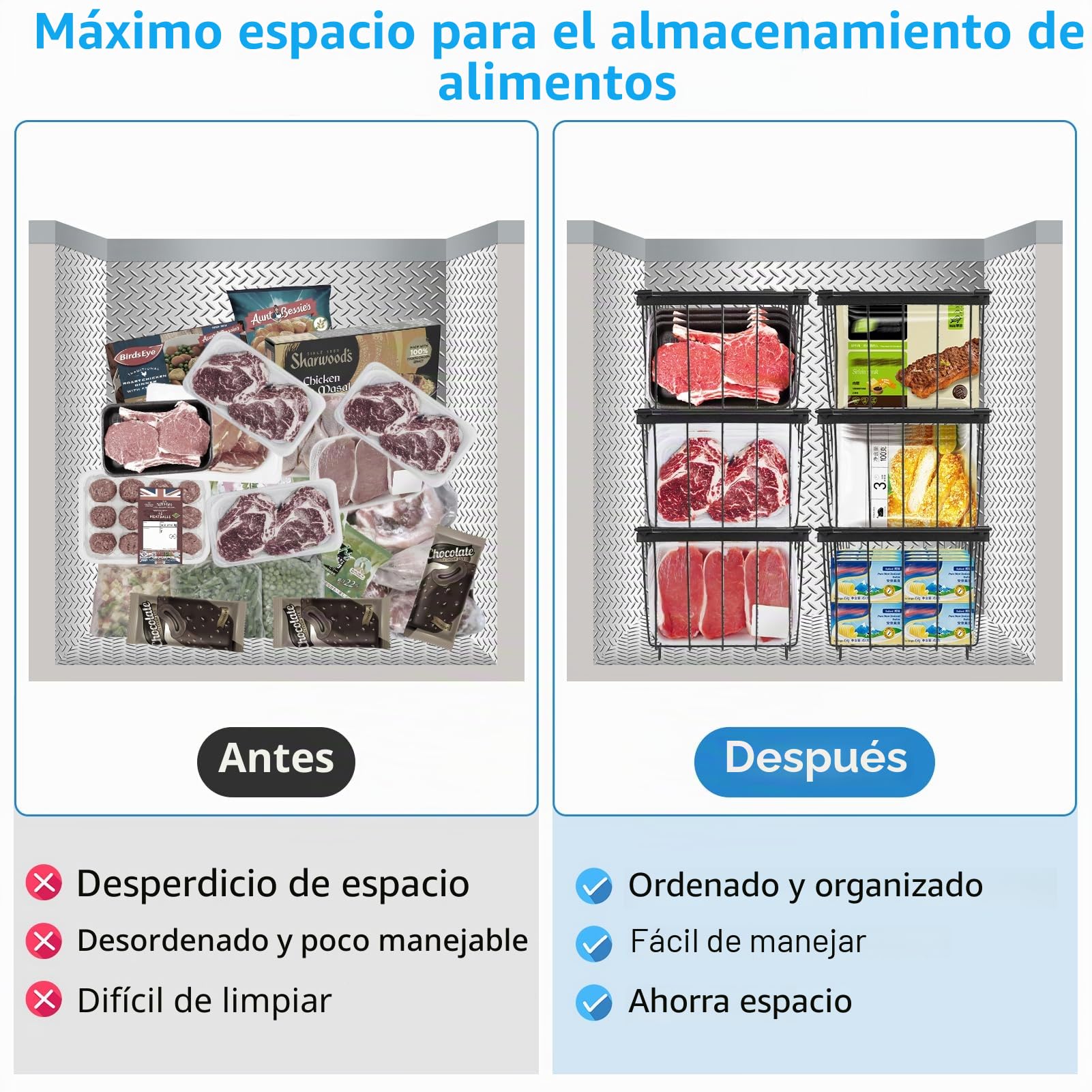 Juego de 6 organizadores para congelador, apilables, con asas | Alambre de acero de 2,8 mm, base antideslizante y congelación rápida para frigorífico de 5-7 pies cúbicos (37 x 18 x 14,5 cm)