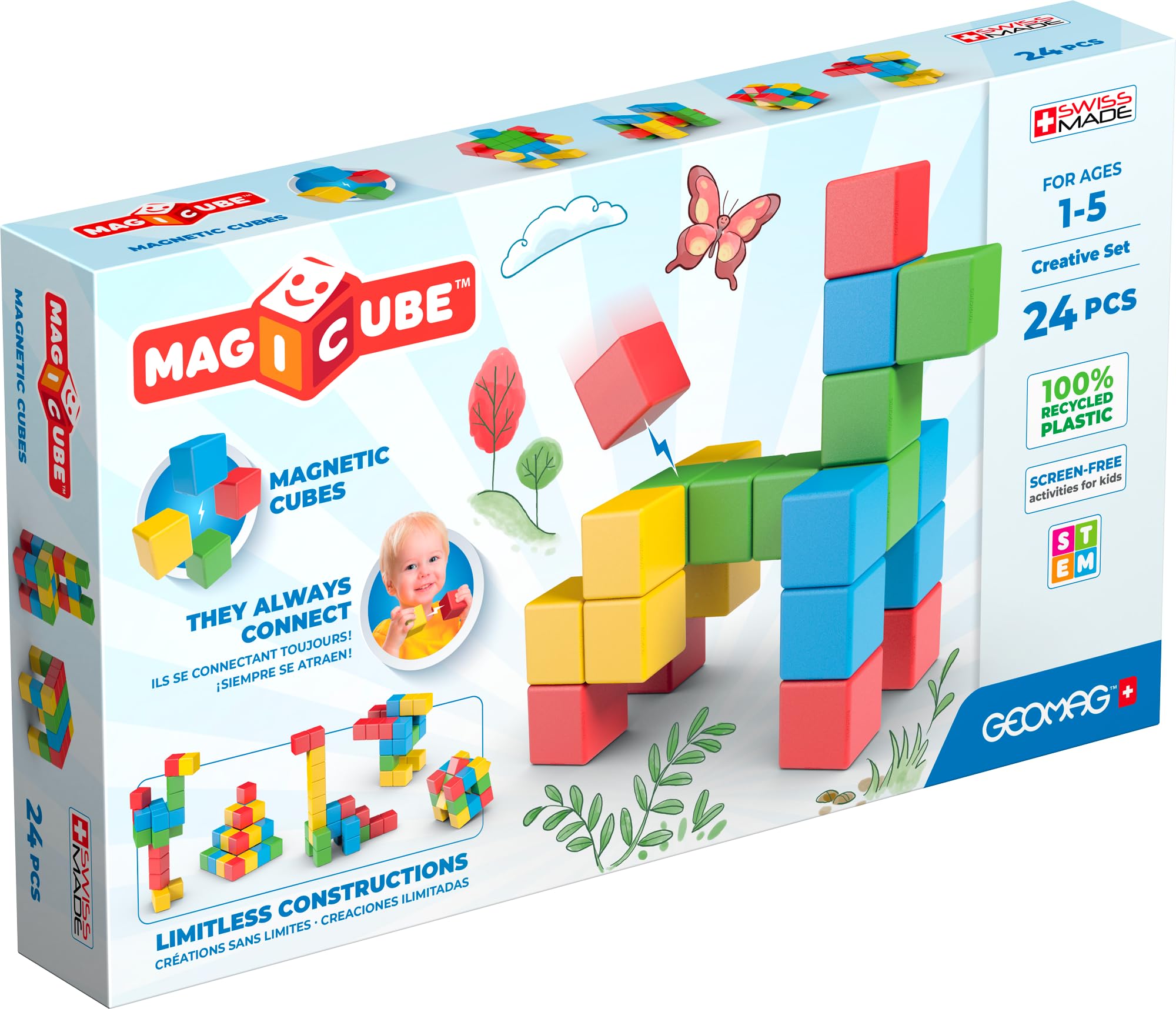 Swiss-Made MagiCube, Safety Tested, Large Magnetic Blocks 1.57in, Non-Toxic, Smooth Edges, Gifts for 3 4 5 6 Year Old, Magnet Toy Building Blocks, Toddlers, Girls & Boys, Sensory STEM, Preschool Toys