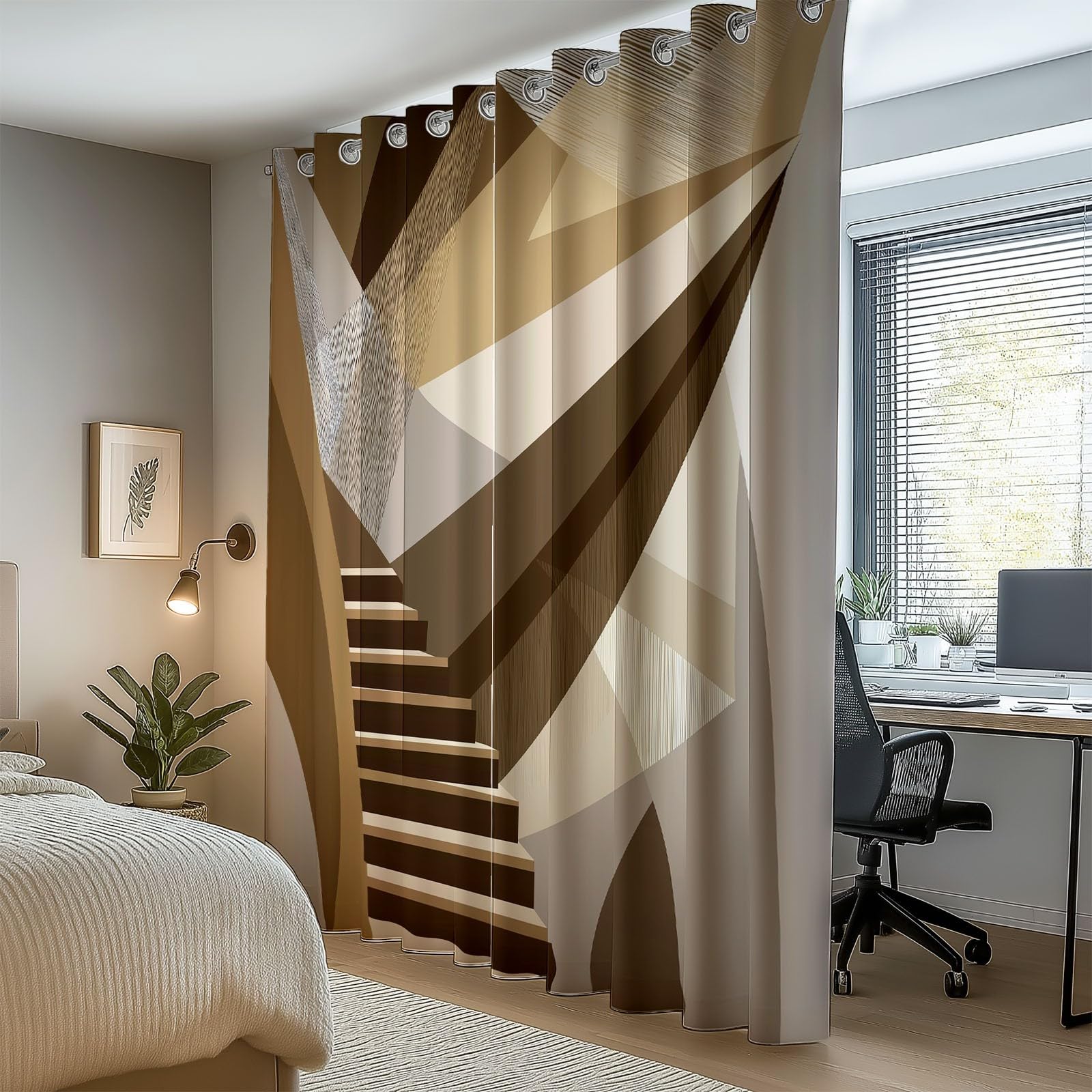DécorationGéométrie Abstraite Escaliers, Rideaux Longs140L X 260H cm (2 Panneaux), Tissu Occultant Gris Clair pour Baie VitréeBrun