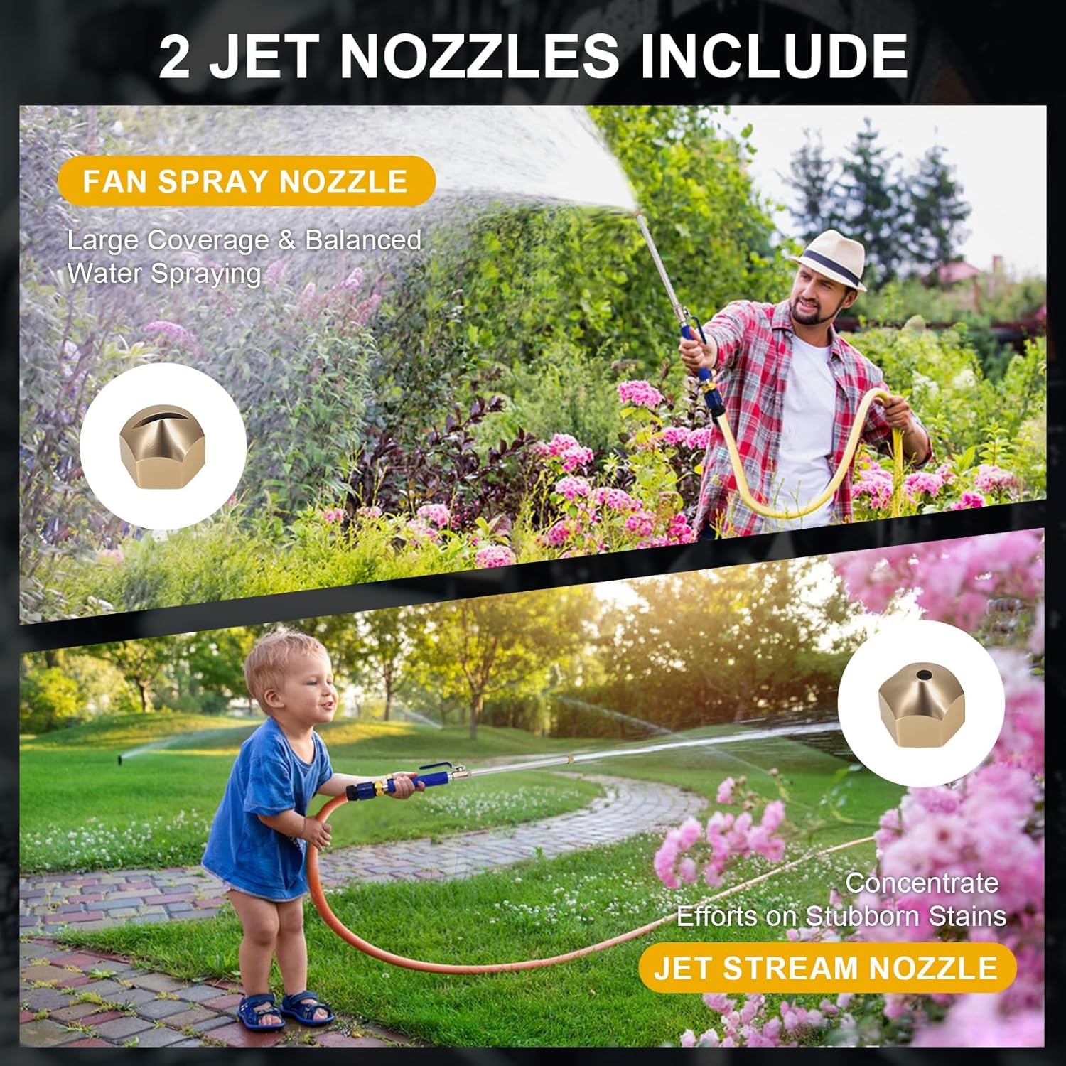 Hydro Jet High Pressure Power Washer Wand for Garden Hose, Heavy Duty Metal Water Hose Sprayer Attachment with 2 Pressure Nozzles, Leak-Proof Design for Car Wash, Gutter, Pets & Window Cleaning