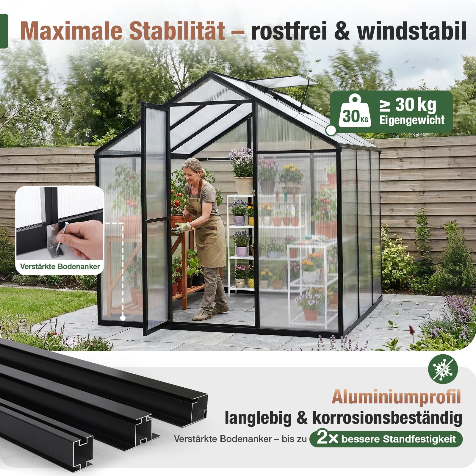 Sekey Gewächshaus Aluminium Treibhaus für Garten & Pflanzen - Stabiles Tomatenhaus wetterfest & Winterfest, 4 mm Hohlkammerplatten, nach außen öffnende Tür mit verlängertem Griff, 185x185x195cm