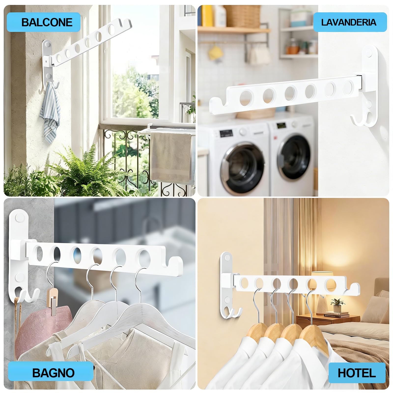 Appendiabiti da Parete Pieghevole, Barra Porta Abiti da Muro in Alluminio, Salvaspazio per Bagno, Lavanderia e Balcone, Bianco