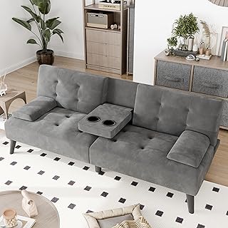JAMFLY Futon Sofa Bed, 64" Small Futon Couch with Adjustable Backrest, 3-Angle Recliner, Detachable Armrests with Cup Holders for Small Spaces (Dark Grey Velvet)