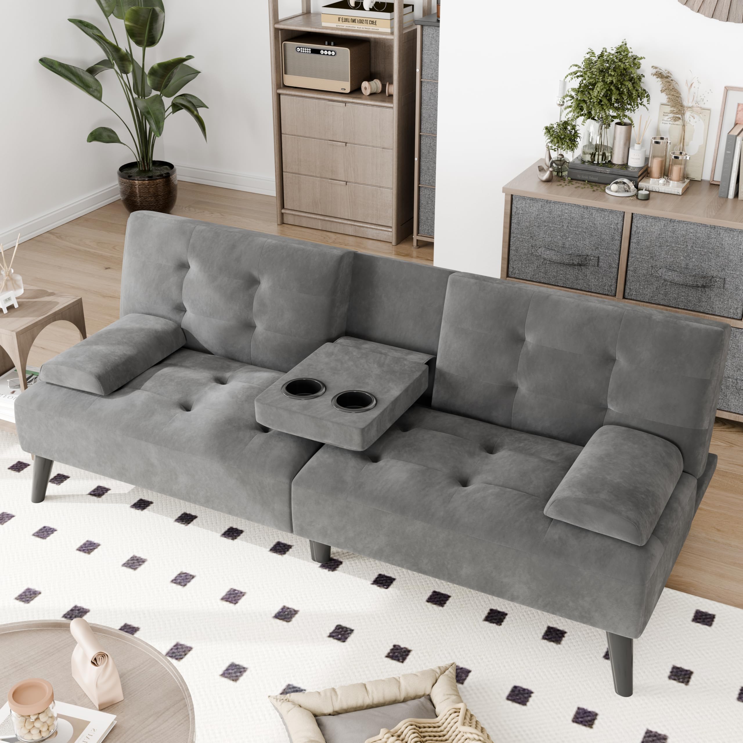 Futon Sofa Bed, 64" Small Futon Couch with Adjustable Backrest, 3-Angle Recliner, Detachable Armrests with Cup Holders for Small Spaces (Dark Grey Velvet)