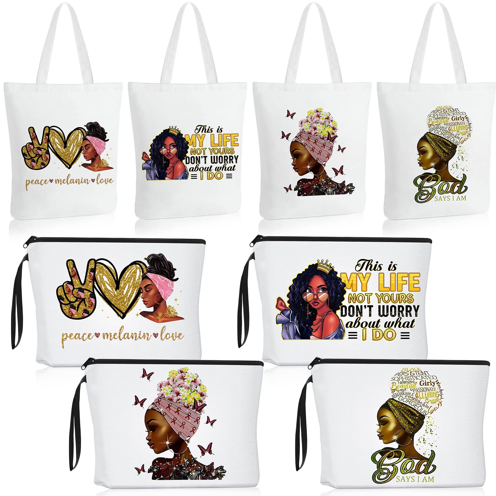 Roowest 8 Pcs African American Bags for Black Women Bulk 4 Tote Bags and 4 Cosmetic Bag Inspirational Gift Reusable Makeup Bag Shoulder Handbag with Zipper Work Travel Juneteenth Day