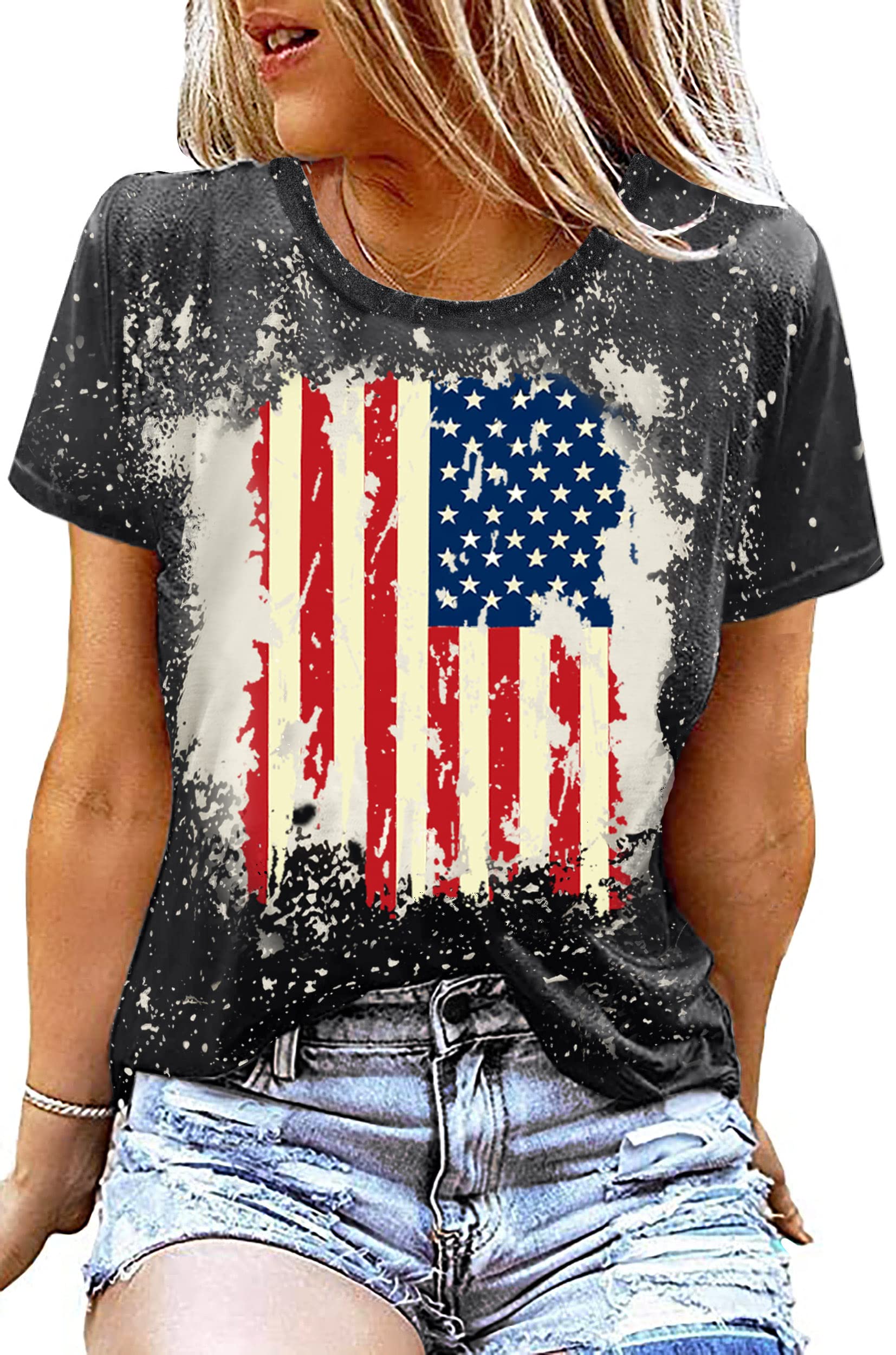 American Flag Shirt Women Patriotic Shirt Vintage USA Flag Bleached T-Shirt Short Sleeve 4th of July Tee Tops