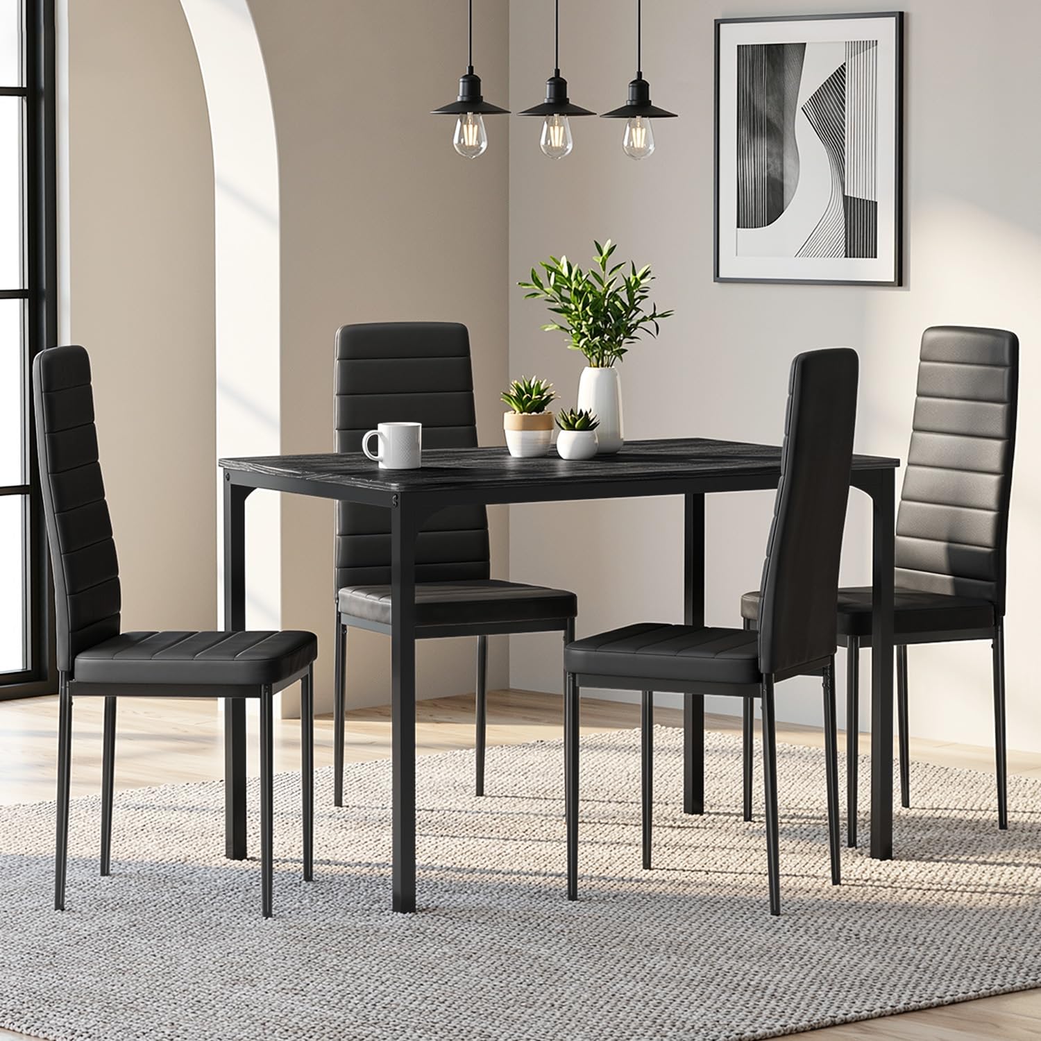Table À Manger avec 4 Chaises, Ensemble Repas, Table De Cuisine avec Chaises, Similicuir Résistant Et Table Rectangulaire en Bois, pour Cuisine, Salle À Manger, Salon, Noir