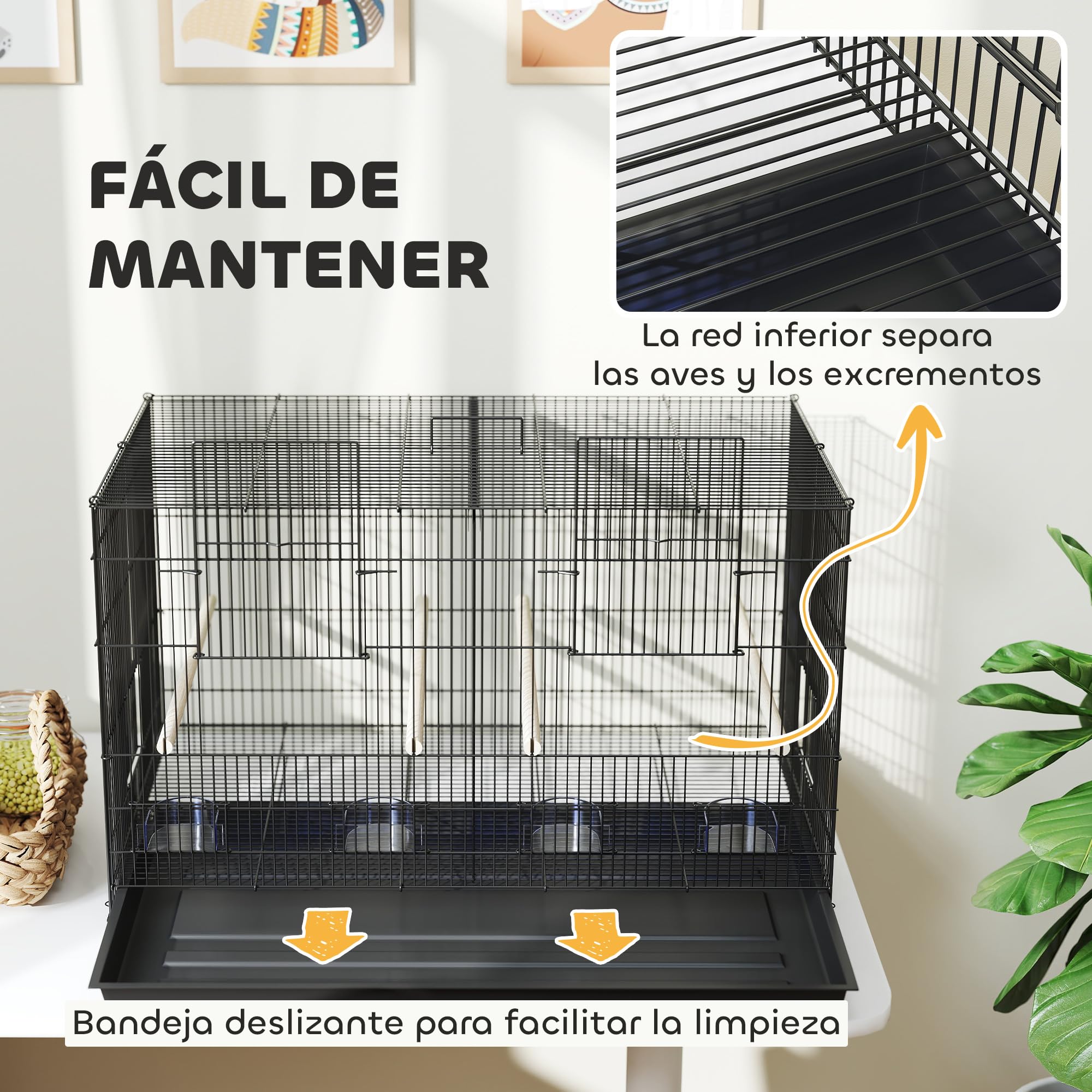 PawHut Jaula para Pájaros con Divisor, 76x46x46 cm, Pajarera con 4 Comederos, 4 Perchas y Bandeja Extraíble, Jaula para Loros, Canarios, Periquitos, Negro