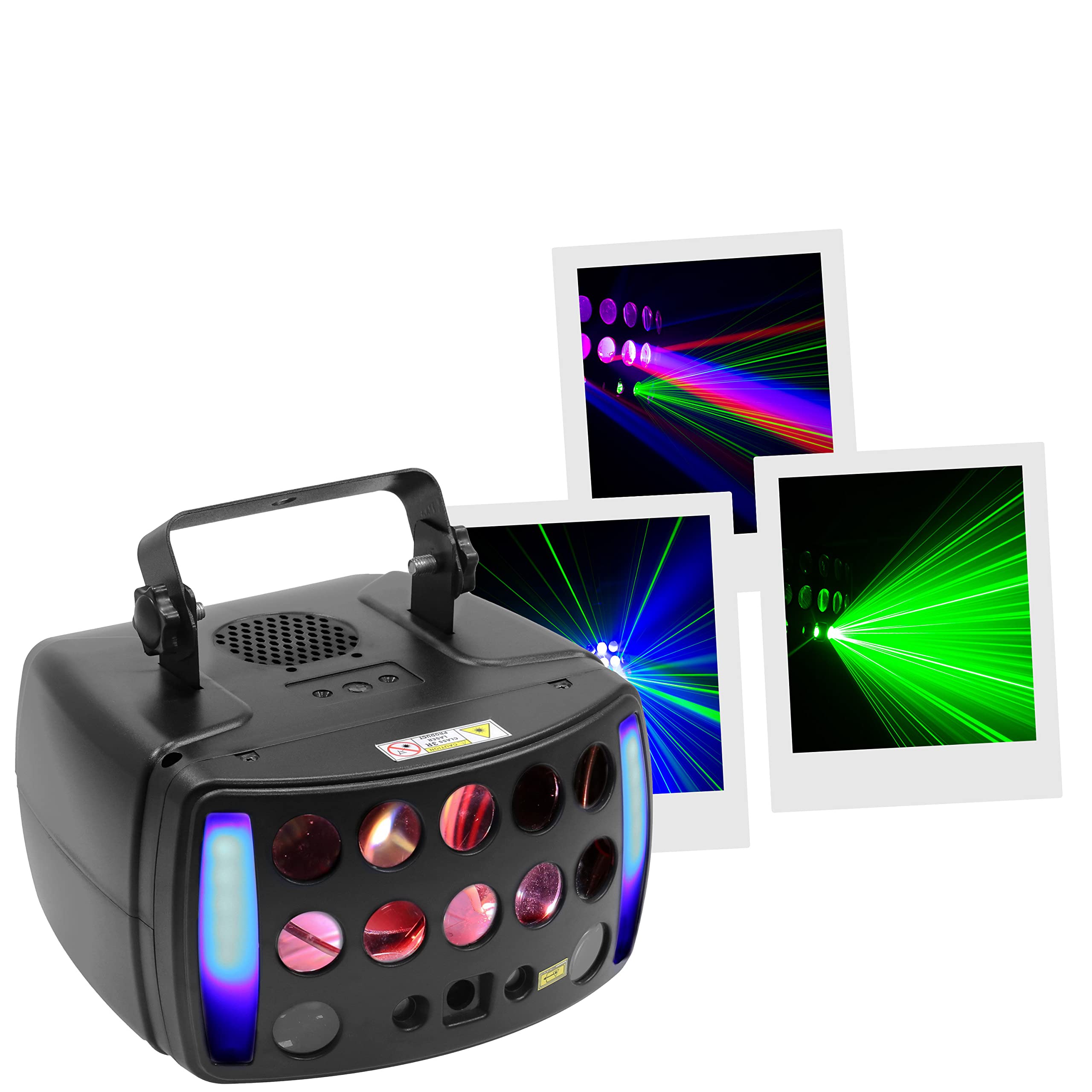 BoomToneDJ STARLIGHT-LZR Jeux de lumière DJ 4 effets Faisceaux multicolores LZR, Strob, Contrôle DMX Programmes automatiques Détection musicale Télécommande. Eclairage Disco Club Fête Soirée Mariage