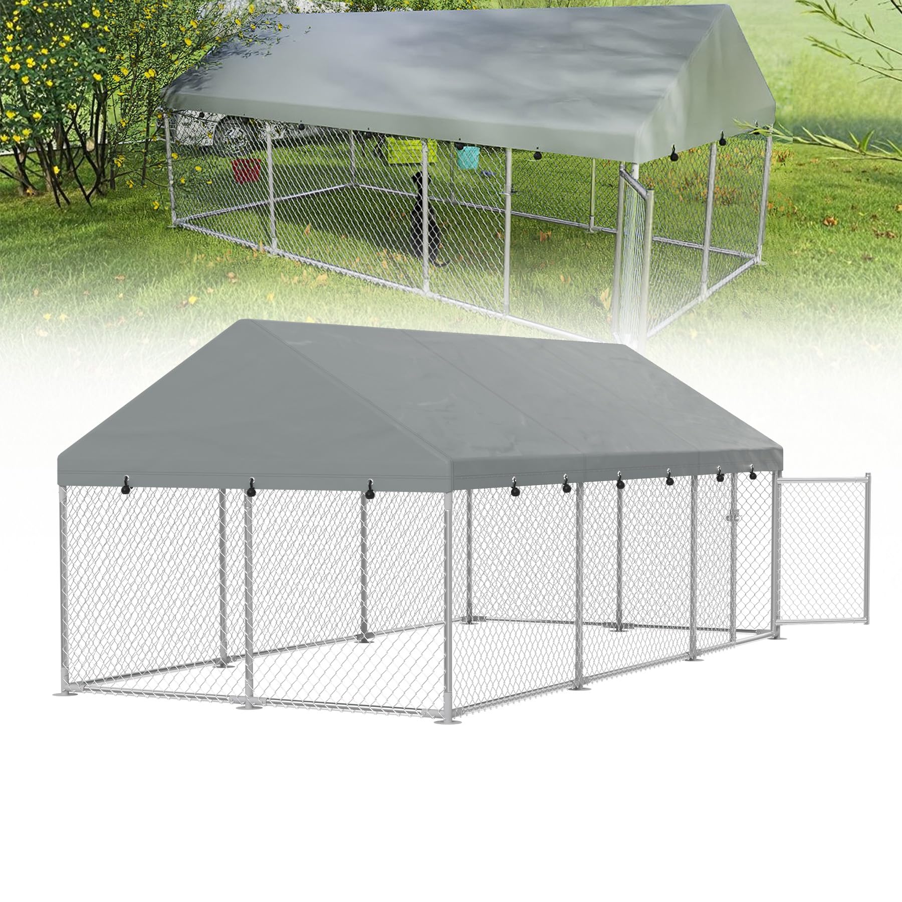 UISEBRT Hundezwinger Hundehütte Outdoor Hundehaus 400x200x165 cm UV- & Wasserdicht Hundekäfig mit Dach aus 420D Oxford-Gewebe Welpenlaufstall Verschließbares Riegelsystem und Sicheres Design