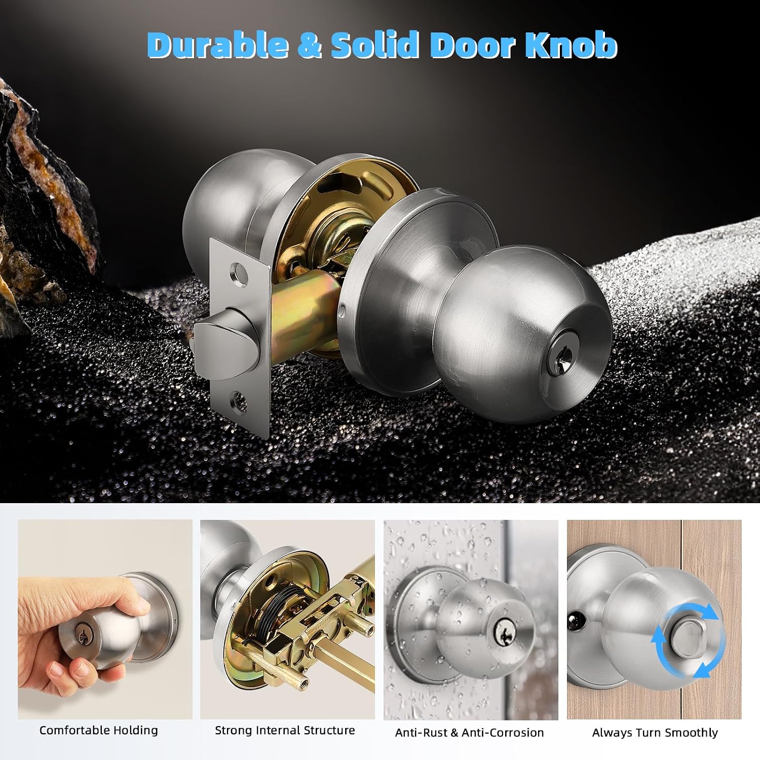 KNOBWELL Keyed Alike Door Locks in Brushed Nickel Finish, Keyed Entry Door Knob for Exterior Interior Door, Combo Pack Round Ball Shape Door Knobs, Exterior Door Handle, 2 Pack