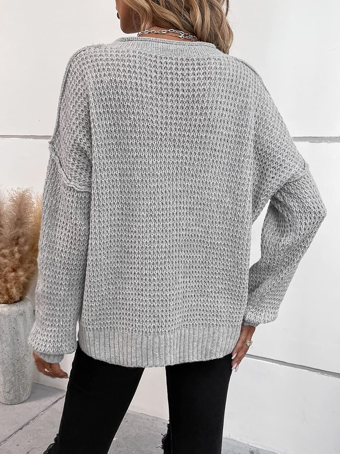 Women's Sweater Quarter Button Drop Shoulder Sweater Sweater for Women (Color : Gray, Size : Medium)