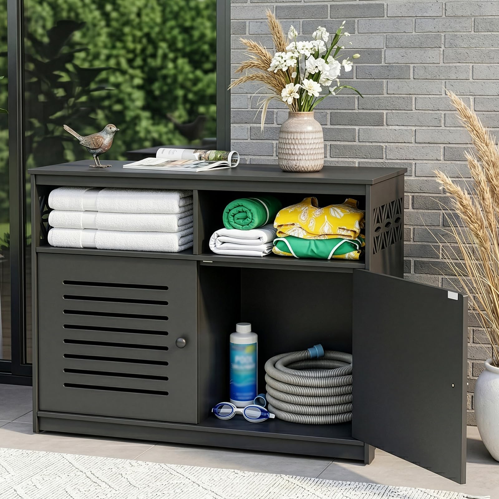 Gartenschrank mit Staufächern, Gartenschrank wetterfest Outdoor, 107 x 39 x 80 cm, Hochwertiges PVC-Material, Leicht zu pflegen und zu reinigen, Schwarz