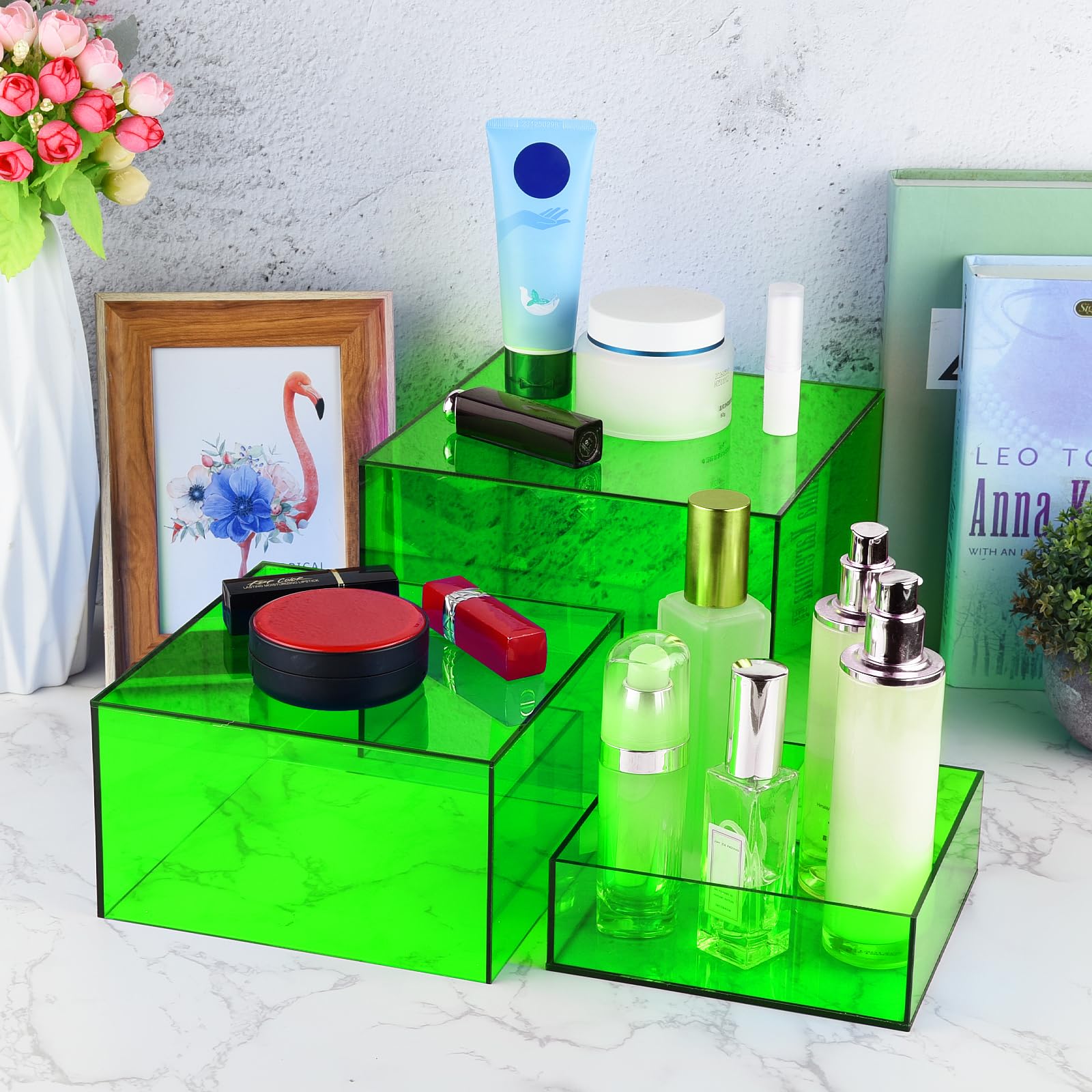 Elevadores de buffet verdes, 3 cajas de acrílico, elevadores de alimentos para mesa de buffet, elevador de exhibición para fiestas, bodas, catering, postres, coleccionables, figuras (6 x 7 x