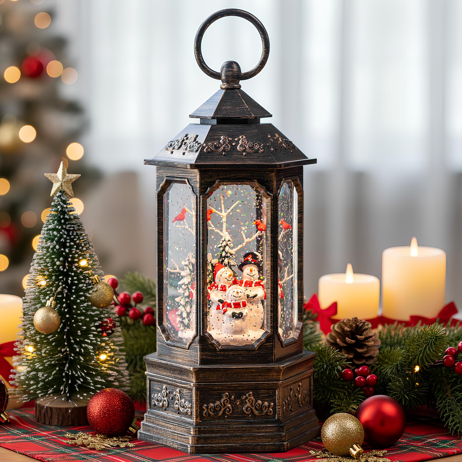 Christmas Snowman Choir Snow Globe Lantern with Swirling Glitter, USB Lined/Battery Operated Lighted Musical Snowman Carolers Water Lantern for Christmas Festival Decoration Gifts