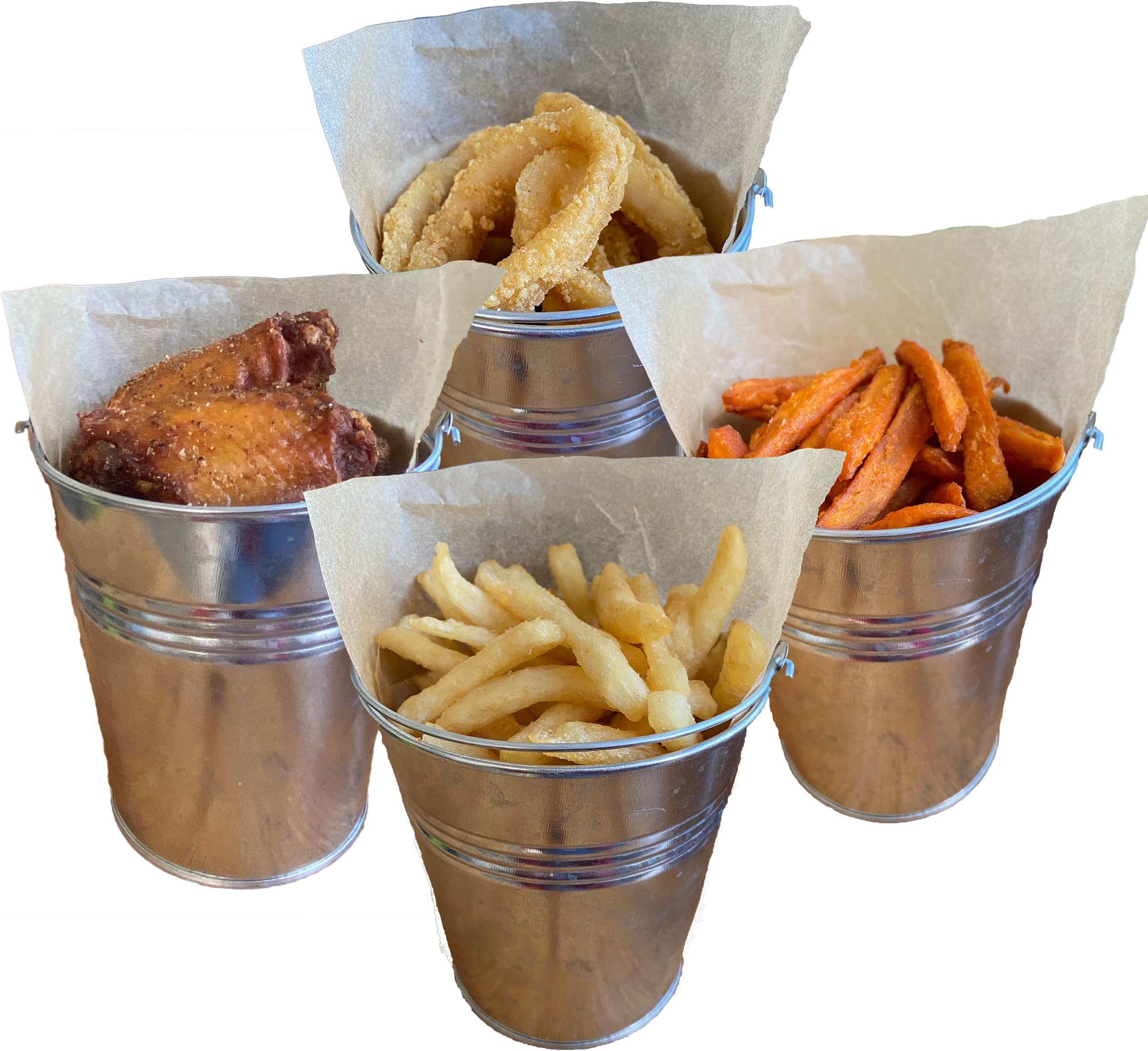 Goldenvalueable12 Tinplate Metal Buckets for French Fries Garden Party 4.2 Inch Tin Pails with Bonus Stickers