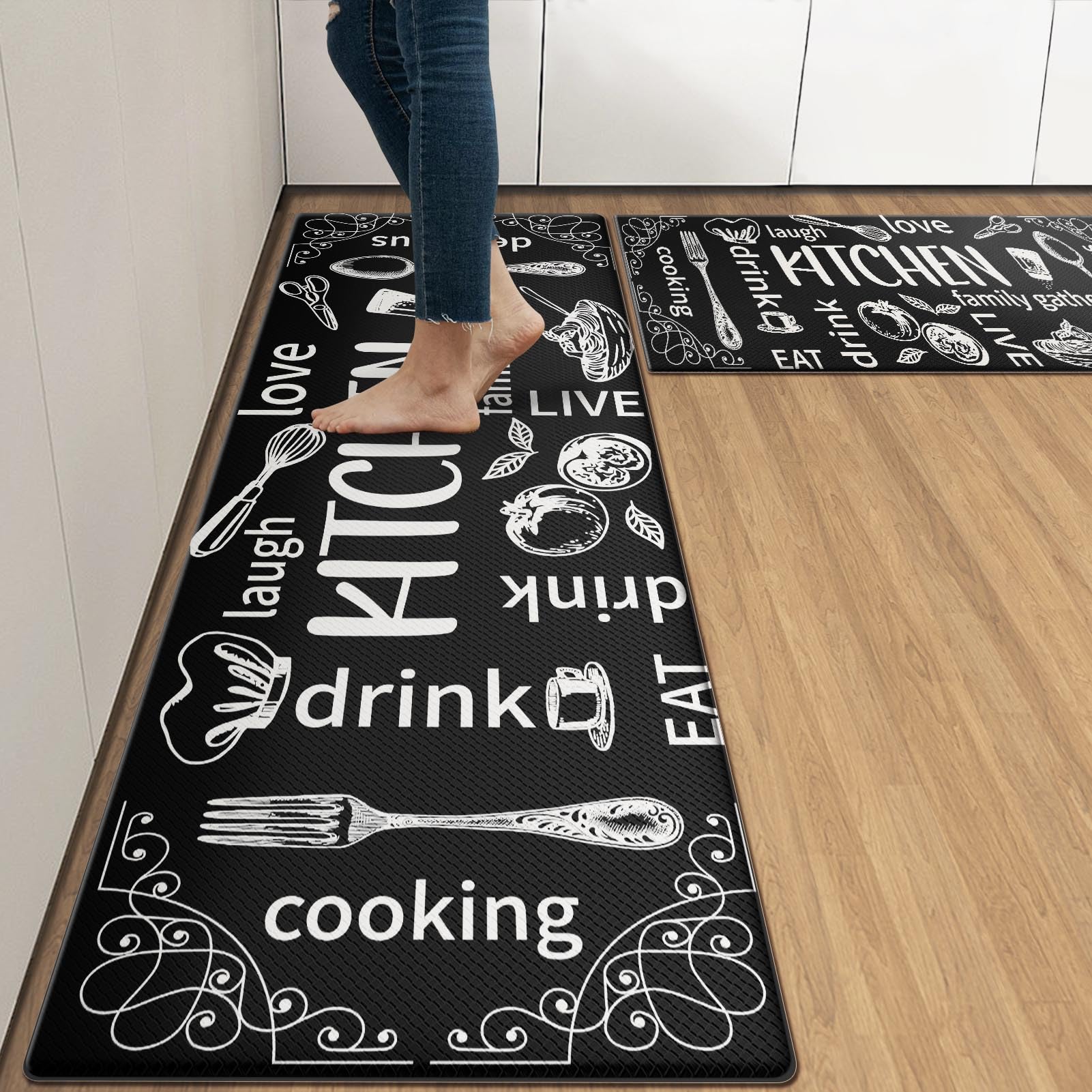 Amazon.com: Arttown Anti-Fatigue Kitchen Rug Set of 2 Black Cooking ...
