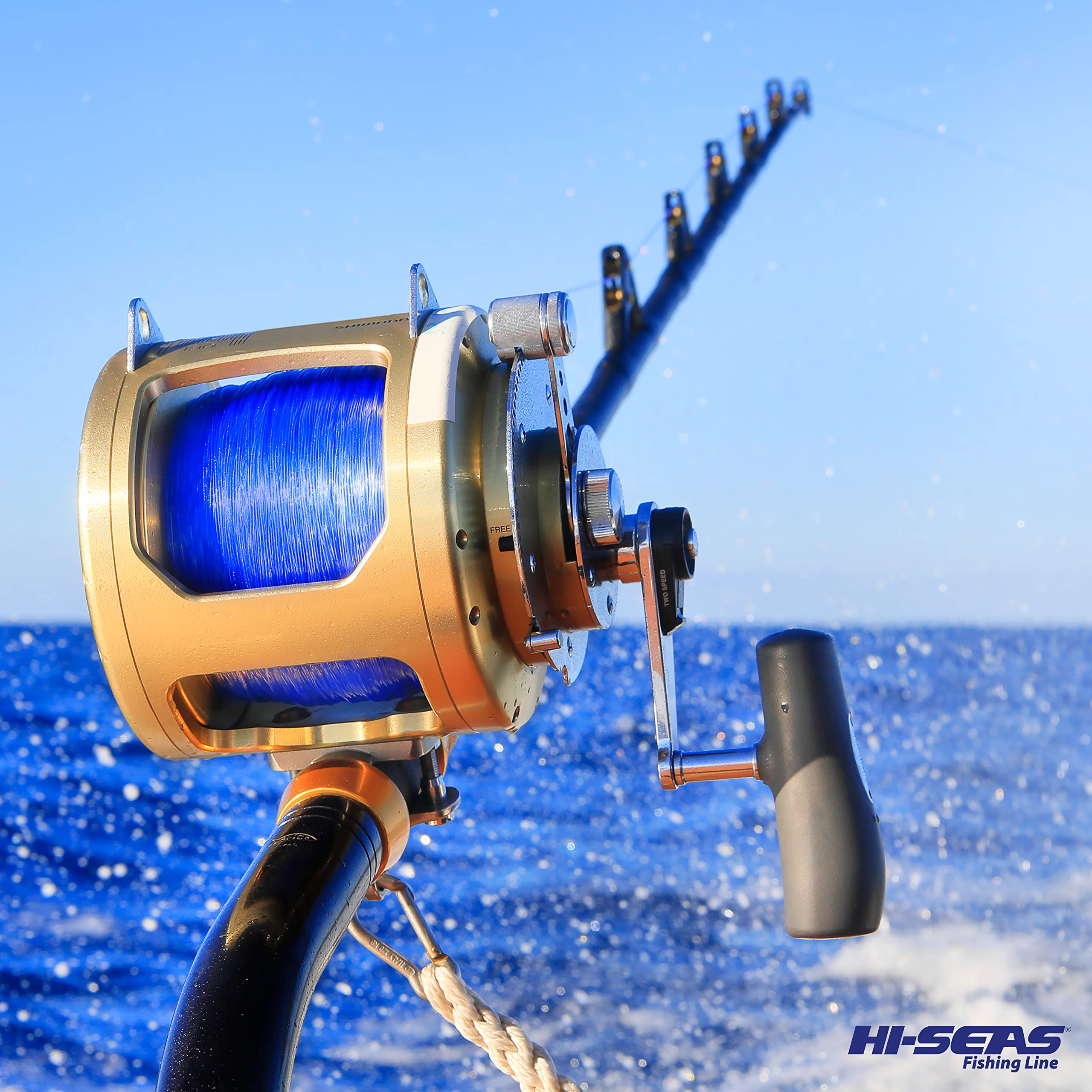 HI-SEAS Bluewater - Línea de pesca monofilamento – hasta un 200% más fuerte, grado de torneo de alta resistencia para pesca en agua salada en color azul océano, amarillo fluorescente, llama naranja