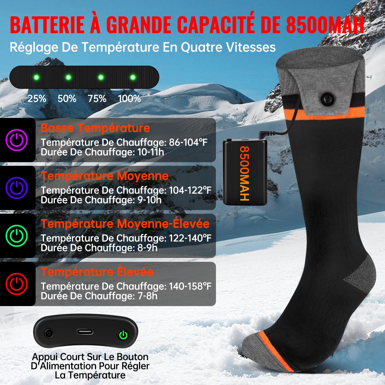 Chaussettes Chauffantes Électriques avec Batterie 8500mAh, Télécommande APP, 70°C, pour Ski Camping Cyclisme