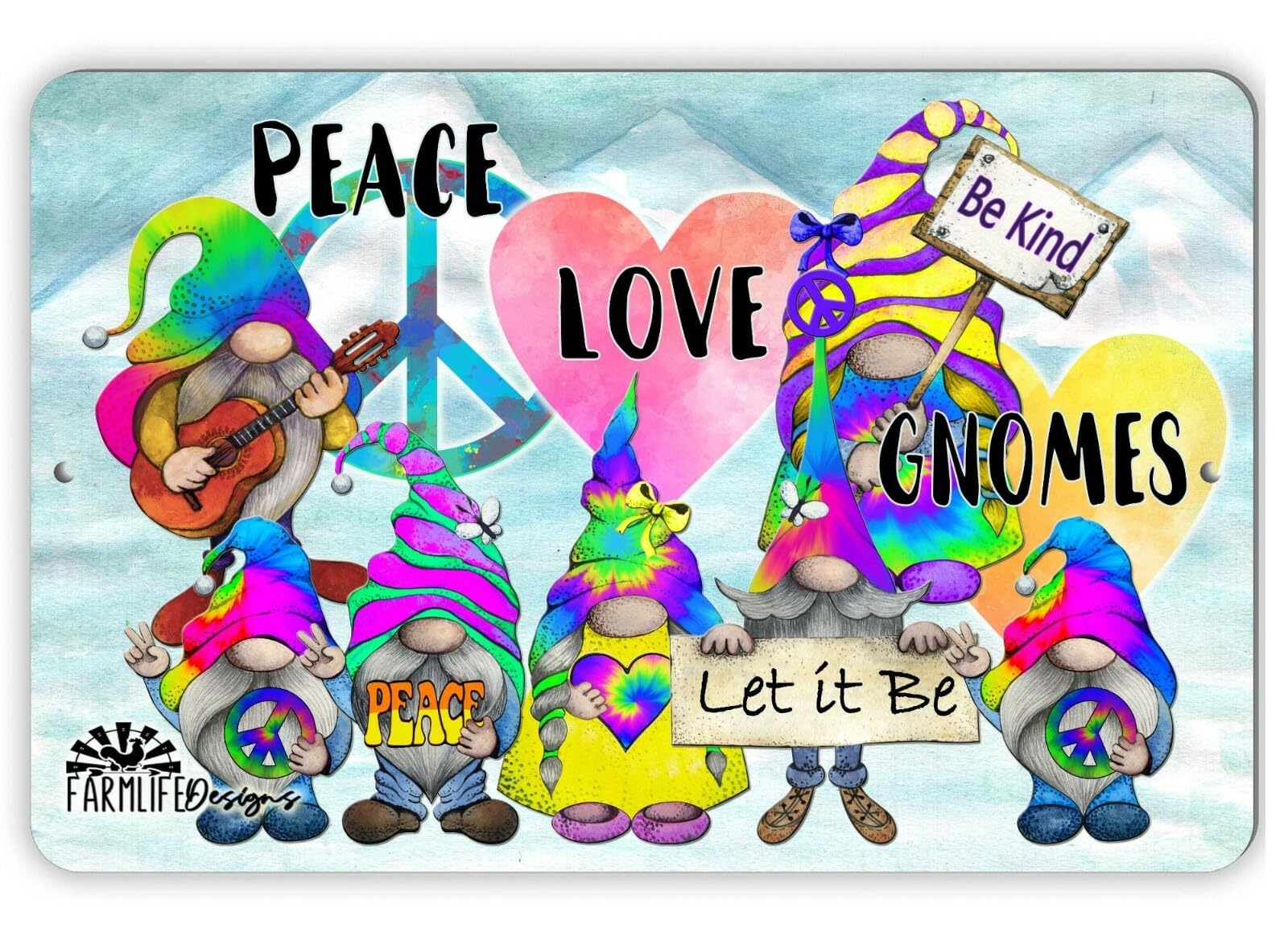Peace, Love, Gnomes | aluminum sign 12"x8" | Hippie Gnomies Peace Sign Gnome home decor
