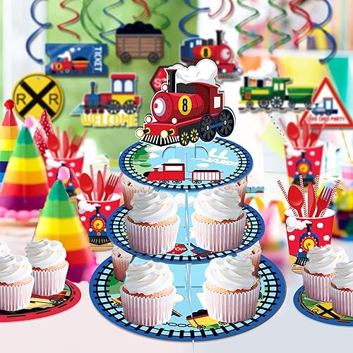 Miniatura 6 de CC HOME Soporte para cupcakes de tren de 3 niveles, suministros de fiesta de tren pequeño, soporte para pasteles para decoración de fiesta de