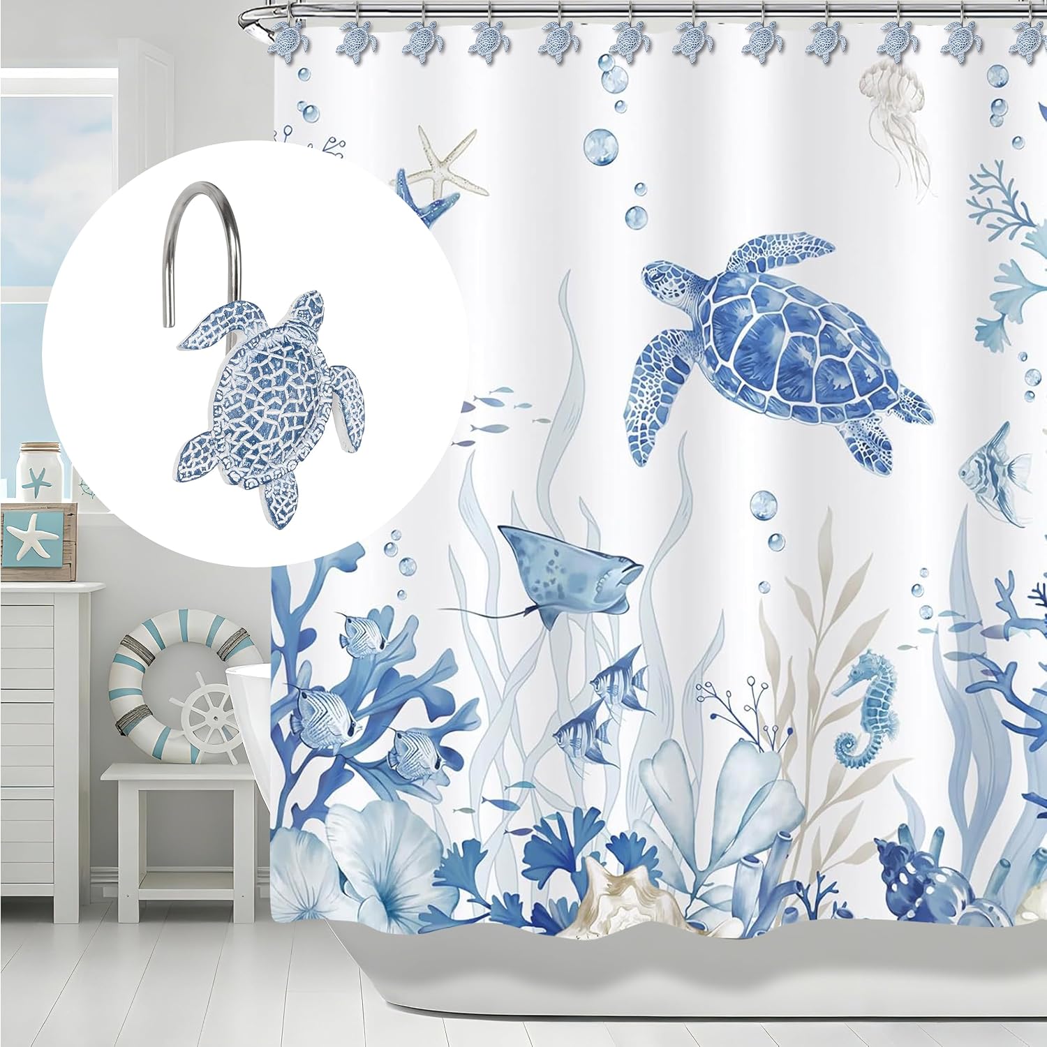 Sunlit Sea Turtles Decorative Shower Curtain Hooks, Sky Blue Ocean Creatures Coastal Shower Curtain Rings, Resin, Nautical Bathroom Decoration Beach Shower Curtain Hooks-12 Pack image 5