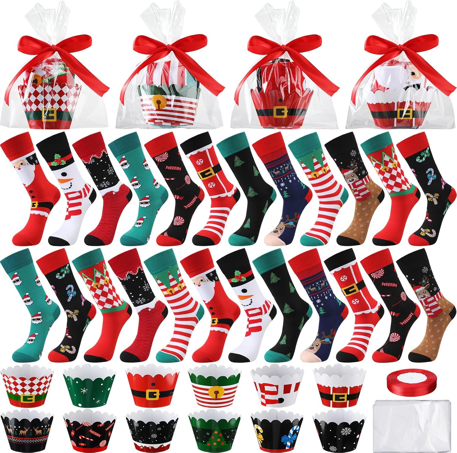 Liitrsh 24 Pairs Christmas Cupcake Socks DIY Gift Fuzzy Novelty Crew Patterned Xmas Socks for Women Men Girls Gift Packaging