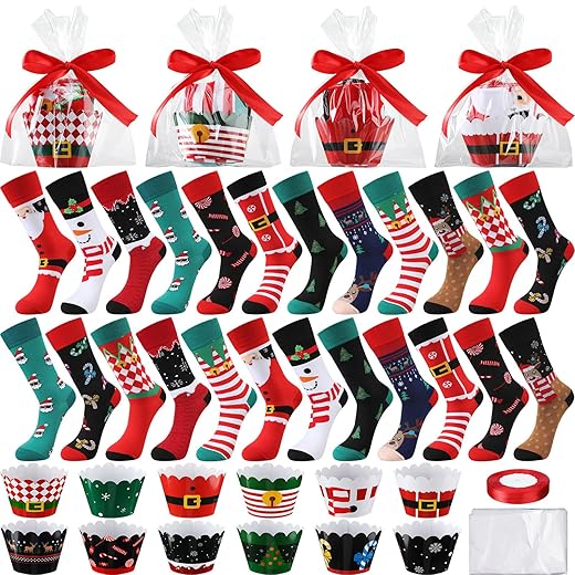 Liitrsh 24 Pairs Christmas Cupcake Socks Christmas DIY Gift Dress Socks Colorful Novelty Crew Patterned Socks for Women Men Girls Gift Packaging