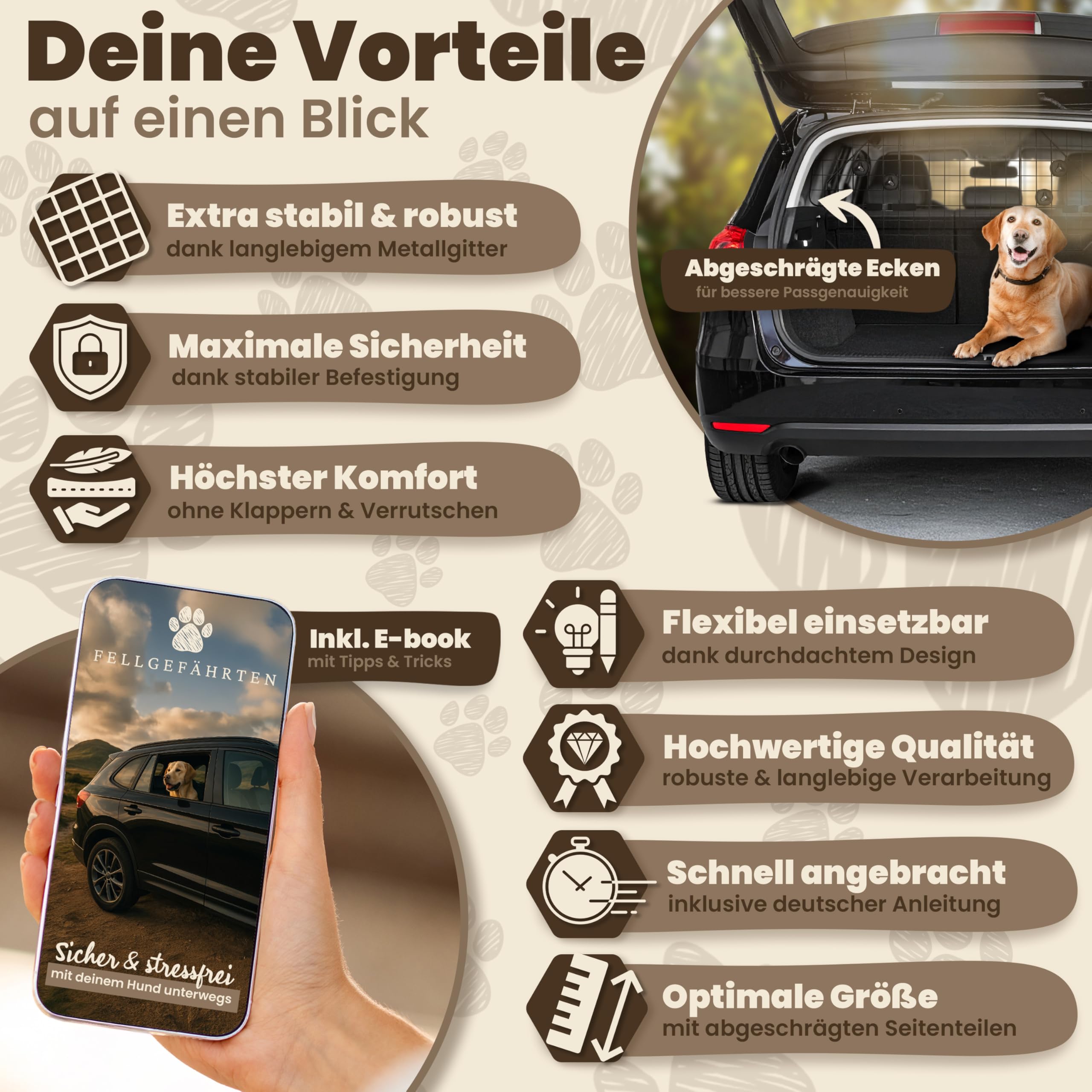 Hundegitter Auto Kofferraum - Universell passendes Trenngitter Hund - flexibel einstellbar in Breite und Höhe - zur Befestigung an den Kopfstützen - stabil & sicher