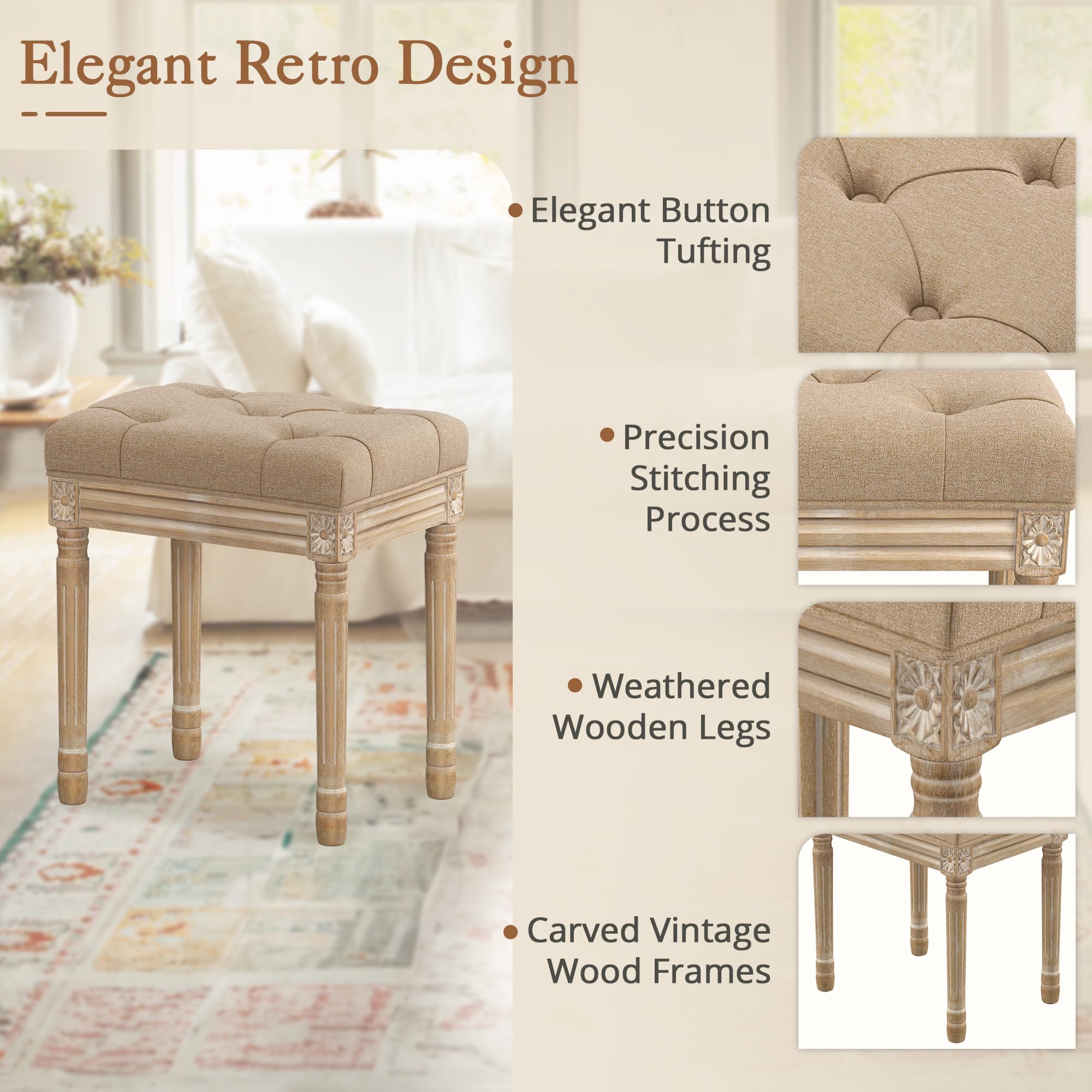 LUE BONA French Style Vanity Bench Seat with Carved Wood Color Legs - Square Tufted Linen Ottoman Vanity Stool for Bedroom, Entryway, 300lbs Capacity, Beige: Wheat and Wood