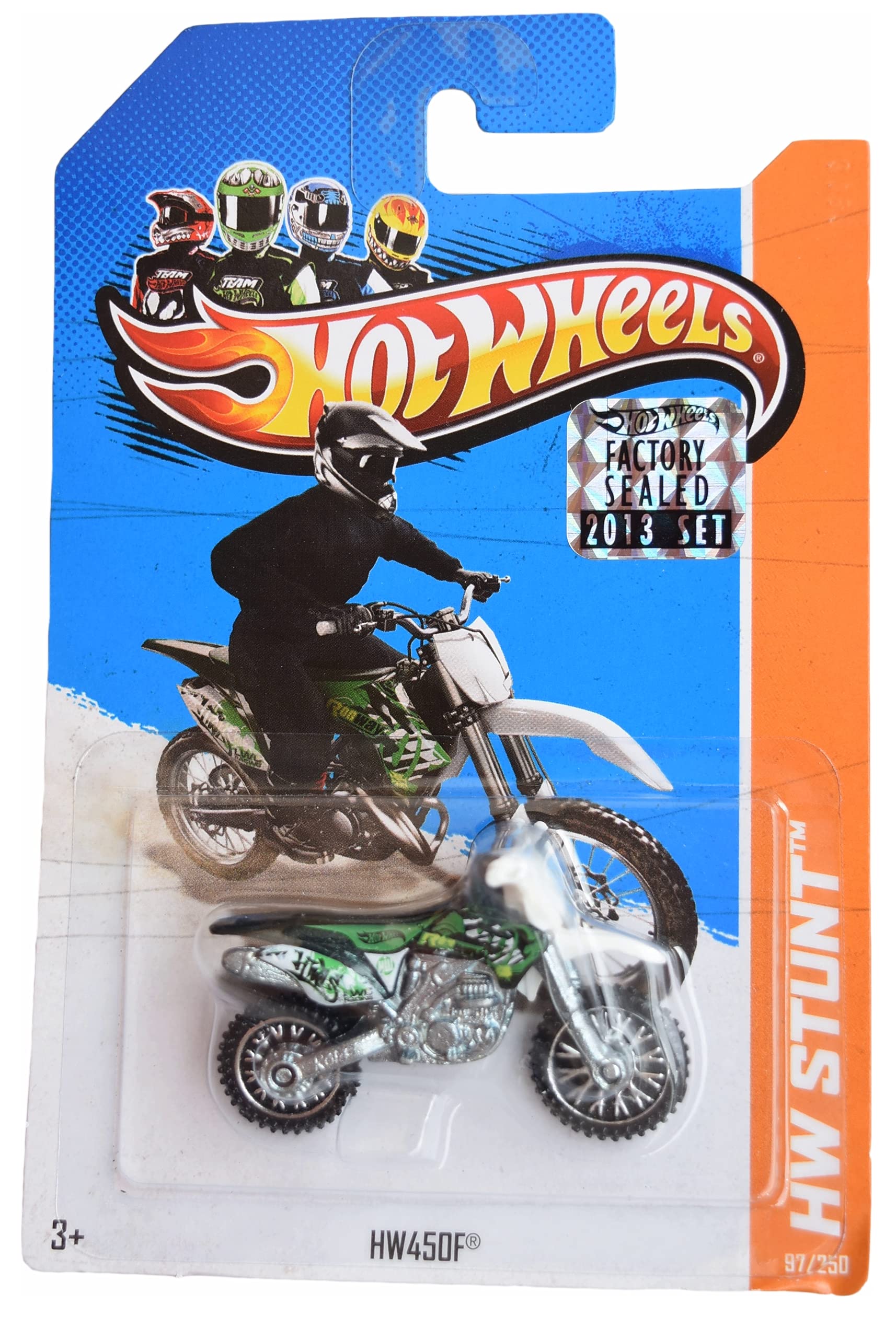 Hot Wheels HW450F, Green/White Stunt Motorcycle, 3 Inch, 1 Count