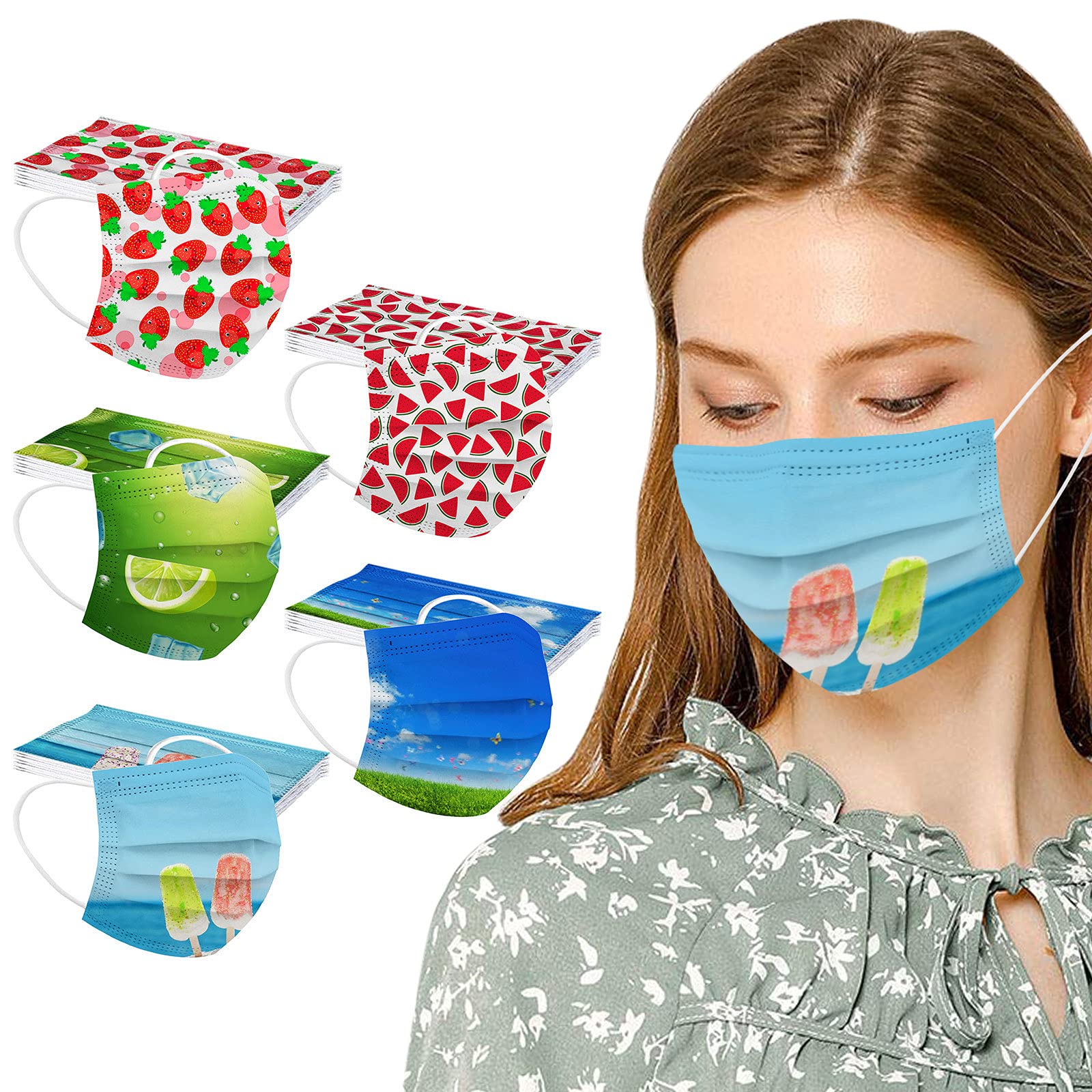 FOLOU 3-Ply Summer Printed Colorful Face_Mask, Fruit Disposable Face_Masks for Glasses Wearers Face_Cover With Nose Wire, 50Pc Face Mouth Protection Men and Women 50 Count (Pack of 1)