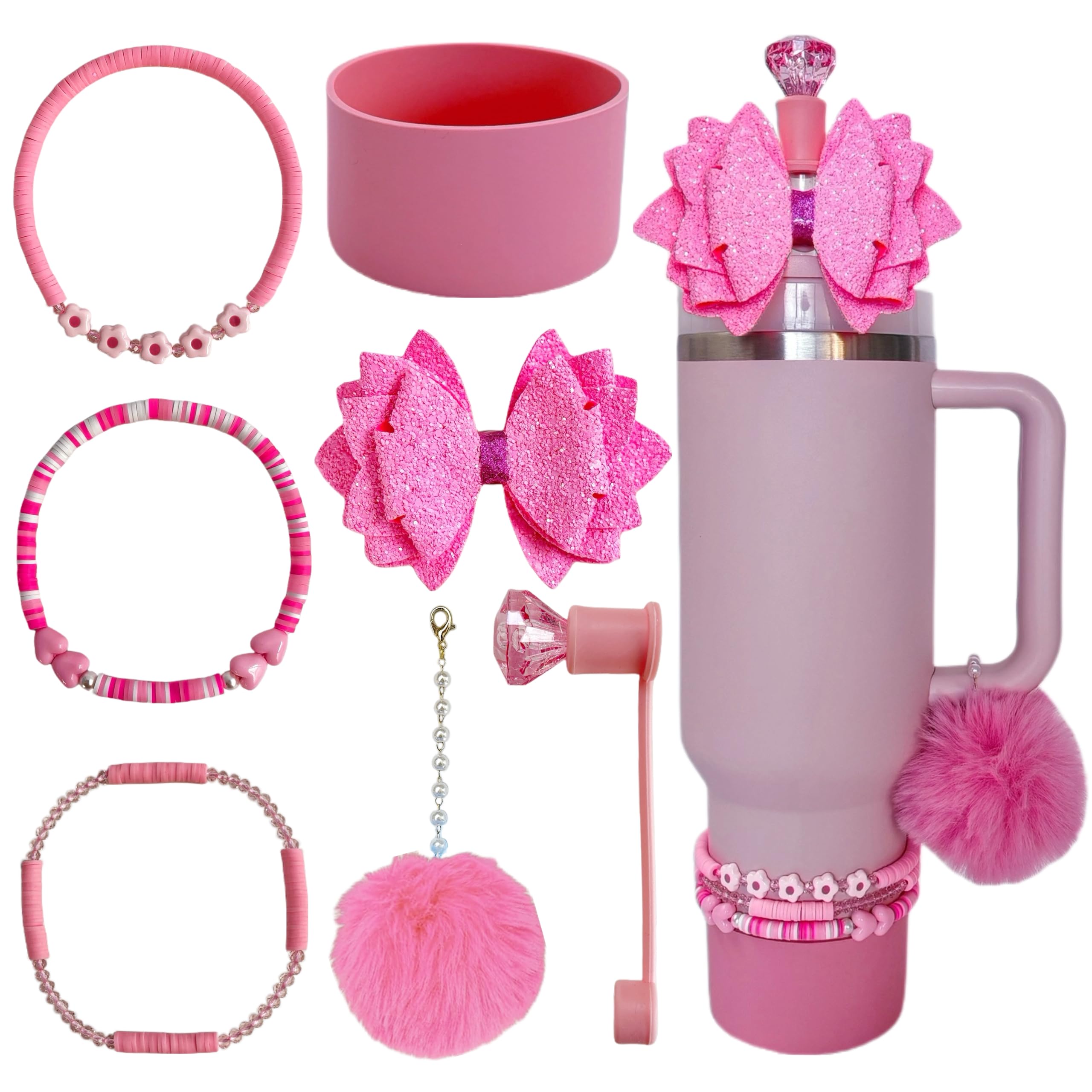 Accessories for Stanley Cup,1 Straw Bowknot Topper,3 Beads Bracelets for Tumbler 40oz,1 Siliocne Boot,1 Straw Topper Cover,1 Pompom Ball Charms for