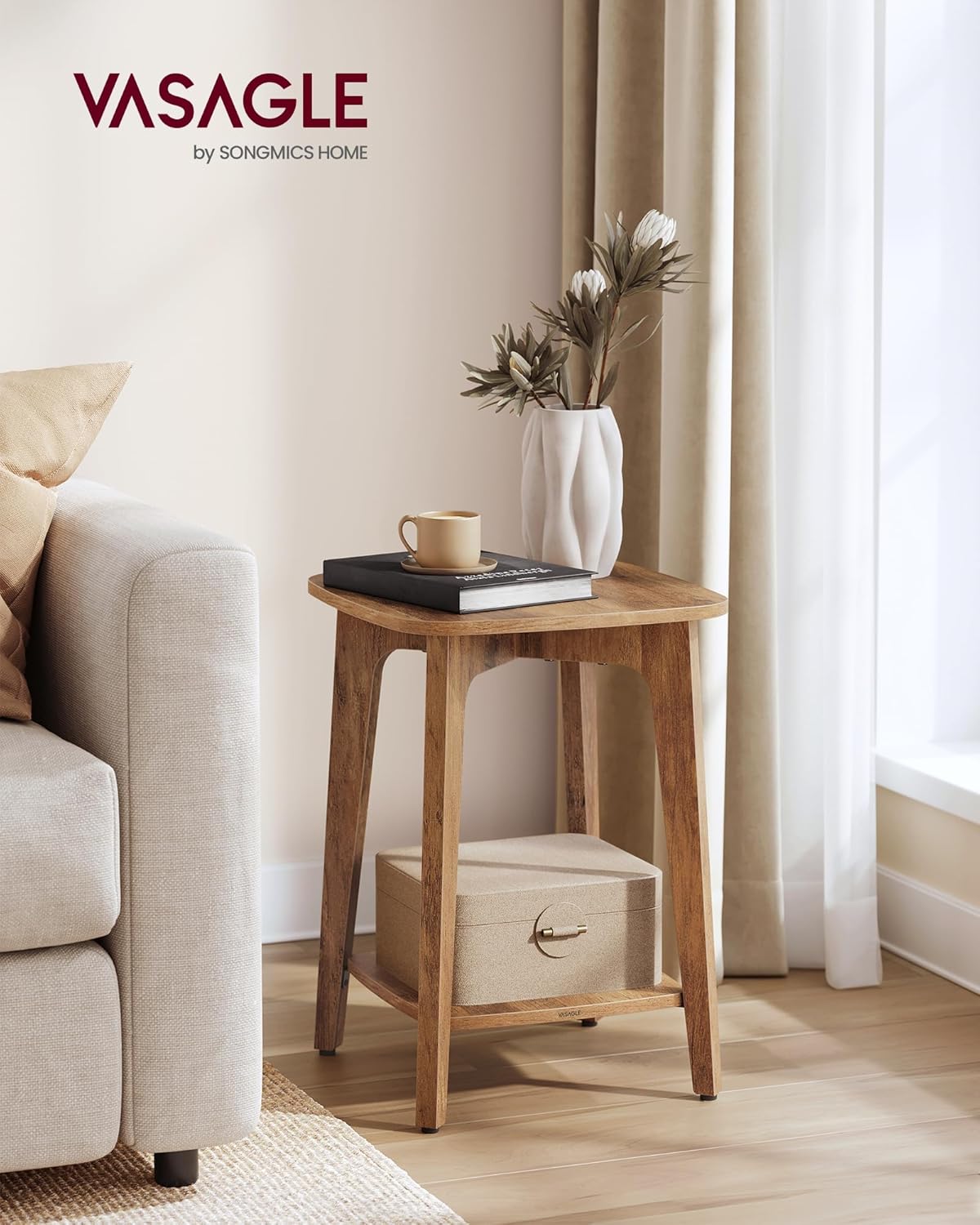 VASAGLE MAEZO Collection - Side Tables, Set of 2, 2-Tier Small Square End Tables, Nightstands with Tapered Legs, Curved Transitions, for Small Spaces, Living Room, Bedroom, Honey Brown ULET238KB01S