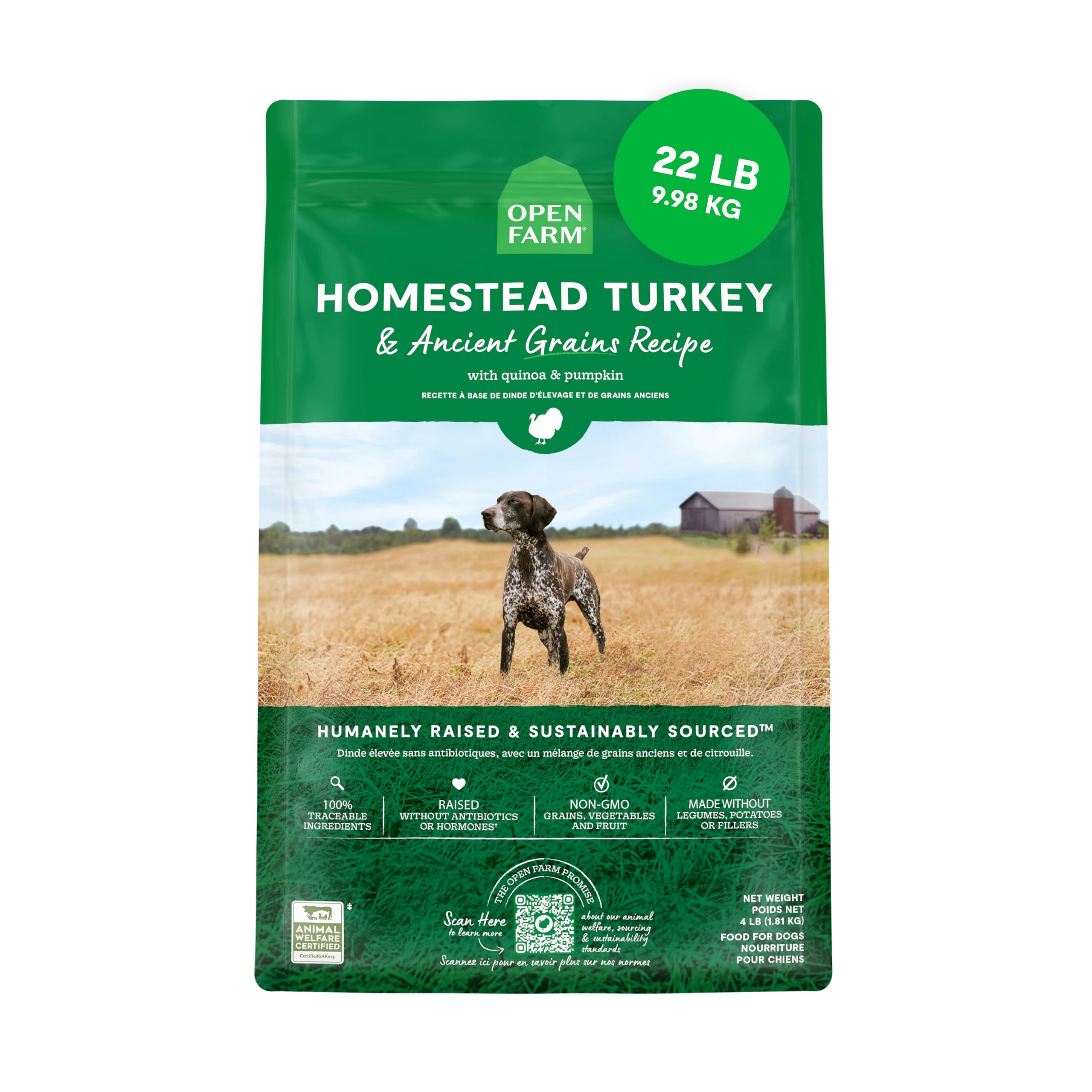 Open Farm, Ancient Grains Dry Dog Food, Protein-Rich & Nutrient Dense, 90% Animal Protein Mixed with Non-GMO Fruits, Veggies and Superfoods, Homestead Turkey Recipe, 22lb Bag