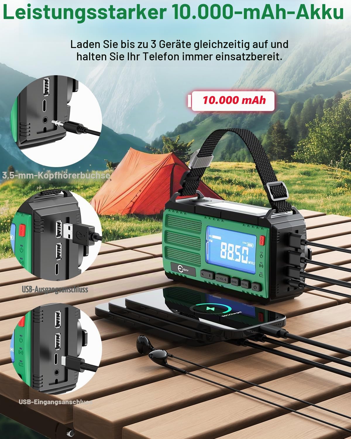 Esky Kurbelradio, 10000mAh Solar Notfallradio mit AM/FM Wiederaufladbare Weltempfänger, USB Lader, LED Taschenlampe&Leselicht, SOS-Alarm & Kompass, Tragbar für Camping, Notfall, Blackout, Geschenkidee