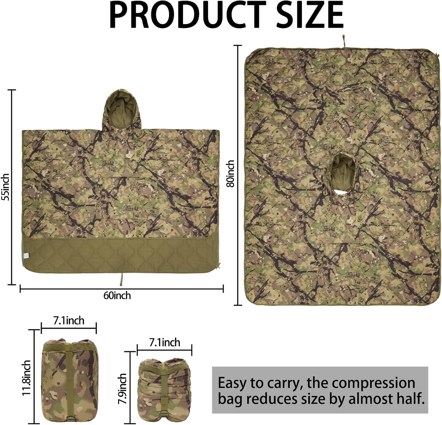 Poncho Liner Hoodie with Pocket Insulated Military Sleeping Bag Waterproof for Outdoor Camping Travel Survival Hunting Car Emergency