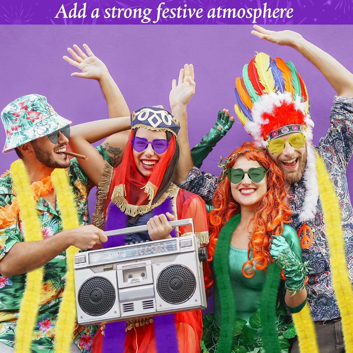 Yunsailing 24 Pcs Mardi Gras Feather Boas with Frameless Sunglasses Mardi Gras Decorations, Include 12 Boas 6ft and 12 Heart Shaped Sunglasses for Parade Carnival Masquerade Party Costume Outfit - Image 5