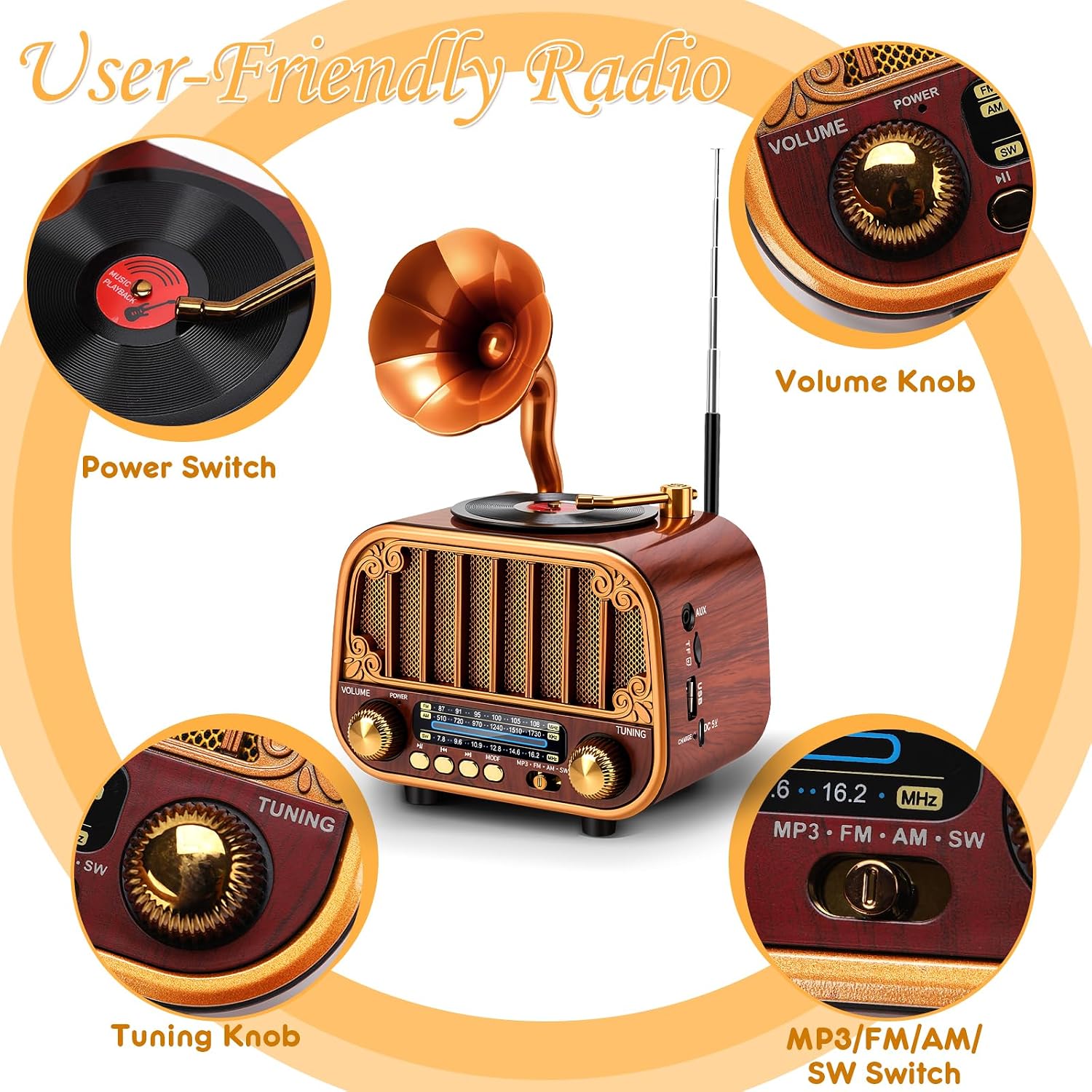 Retro Portable AM/FM/SW Radio with Bluetooth – Turntable-Styled Wooden Design, USB-C Rechargeable, TF Card & AUX Input, Great Gift for Seniors & Parents
