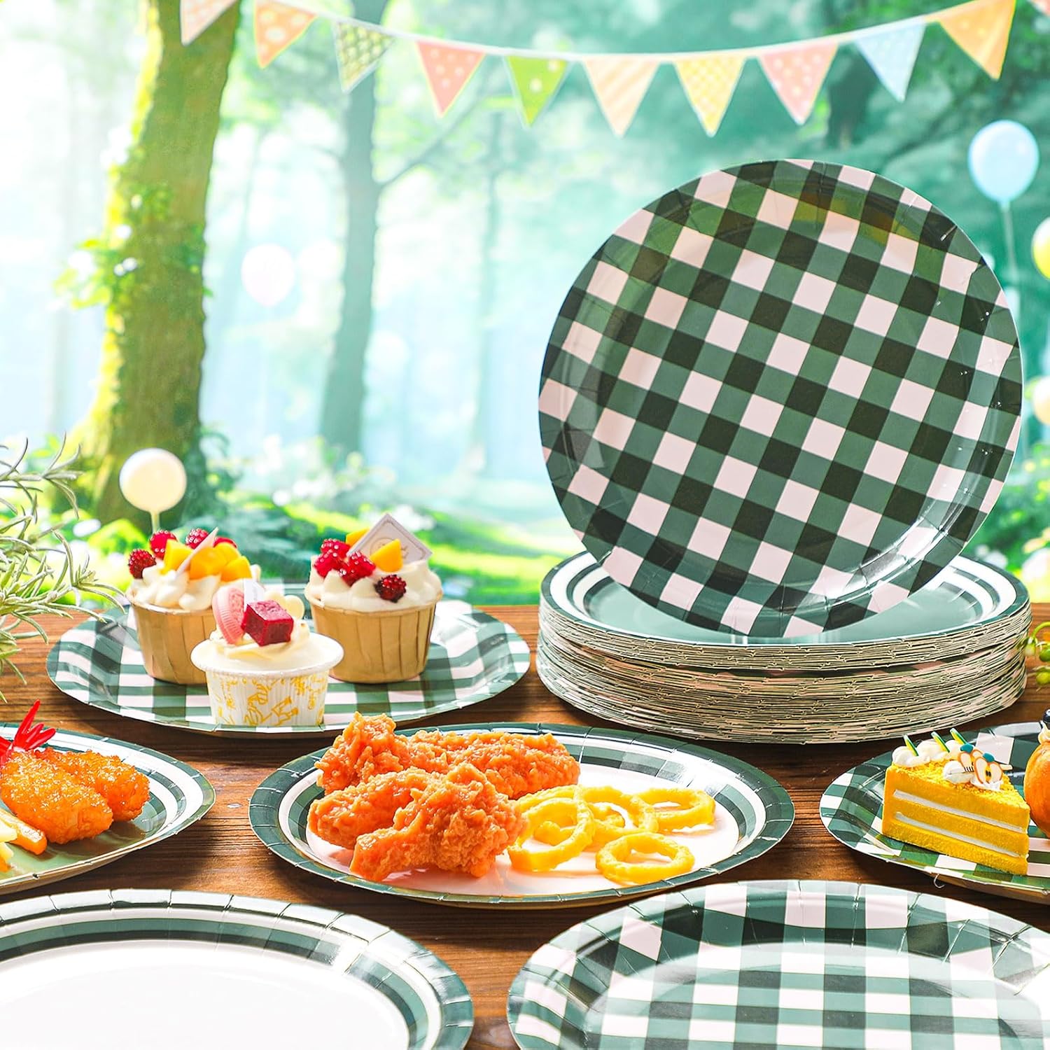 60 Pcs Green Gingham Plates 9 Inch Disposable Checkered Plaid Dinner Paper Dessert Plates for Birthday Baby Shower Wedding Camping Themed Party Supplies, 4 Styles